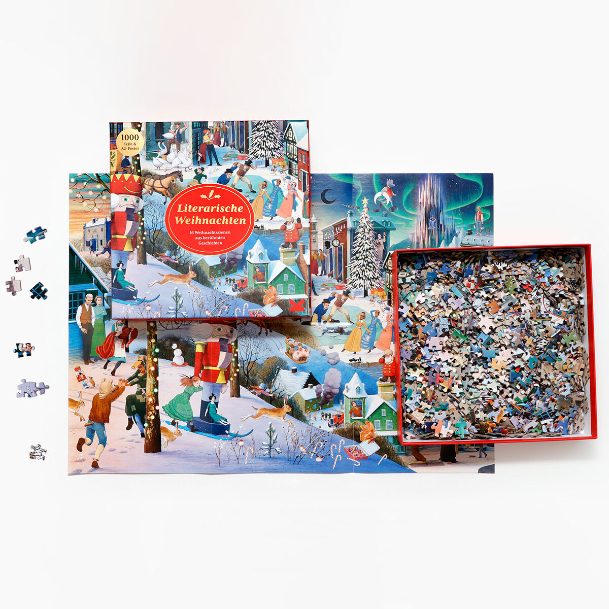 Das Bild zeigt das Puzzle 'Literarisches Weihnachten' mit einer weihnachtlichen Szene und winterlicher Landschaft. Das Puzzle besteht aus 1000 Teilen und hat eine festliche Verpackung.