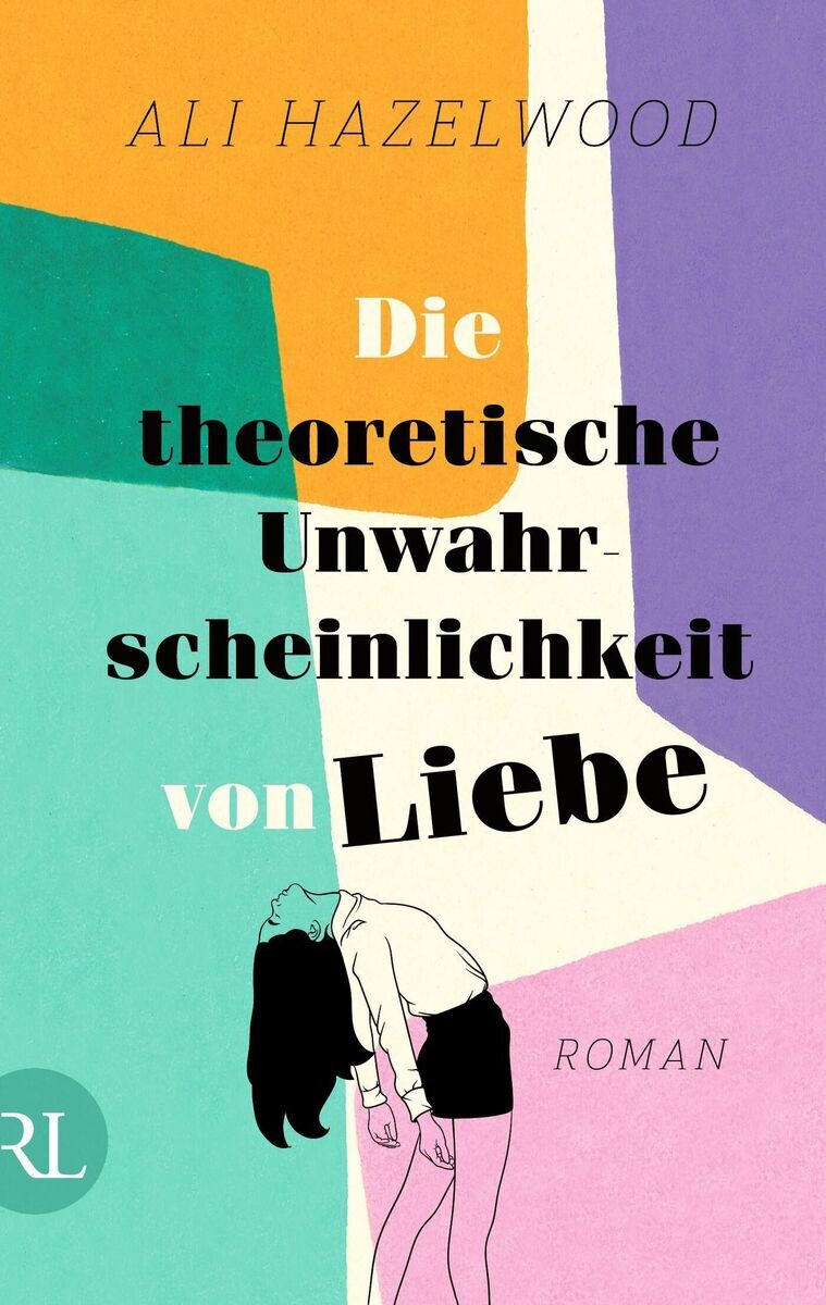 Das Buchcover von 'Die theoretische Unwahrscheinlichkeit von Liebe' zeigt eine stilisierte Illustration einer Frau, die nach hinten schaut. Der Hintergrund besteht aus farbigen Blockmustern in Blau, Grün, Orange, Lila und Weiß. Der Titel des Buches steht in großen schwarzen Lettern, begleitet vom Namen der Autorin Ali Hazelwood und dem Wort 'Roman' am unteren Rand.