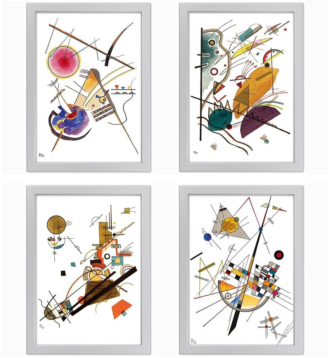 Ein Set von vier gerahmten Bildern von Wassily Kandinsky mit abstrakten geometrischen Formen und leuchtenden Farben, ideal für moderne Wanddekoration.