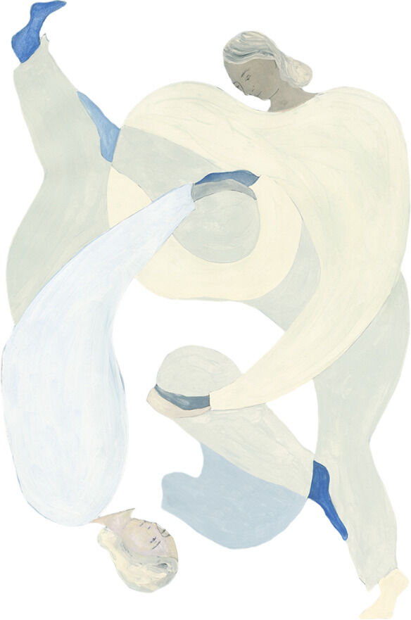 Ein modernes abstraktes Kunstwerk von Sofia Lind mit dem Titel »Hold You - Blue«. Es zeigt drei stilisierte Figuren in fließenden Bewegungen, dominiert von blauen, weißen und beigen Farbtönen. Die Komposition vermittelt ein Gefühl von Harmonie und Balance.
