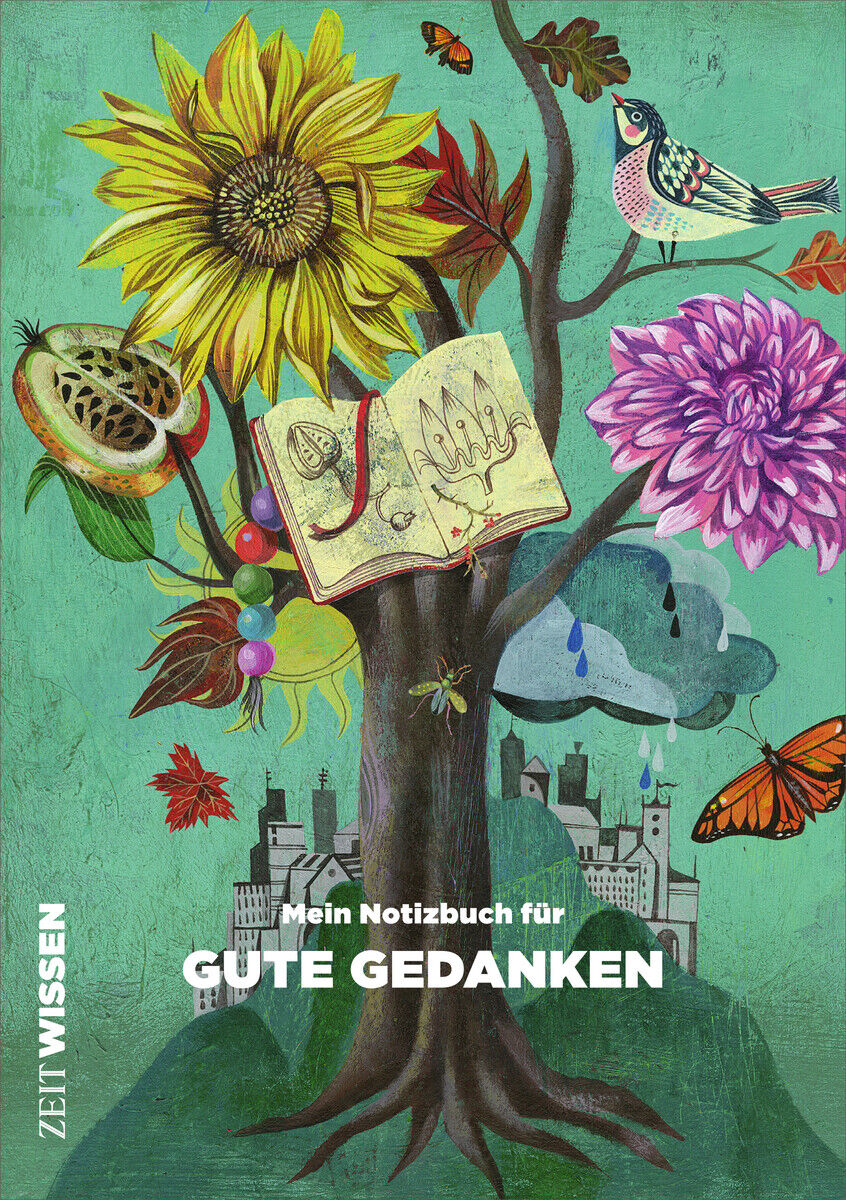Illustration eines Notizbuchs mit dem Titel 'Mein Notizbuch für Gute Gedanken', dargestellt vor einem Baum mit bunten Blumen, einem Vogel und einem Schmetterling, umgeben von einer stilisierten Stadtlandschaft auf grünem Hintergrund.