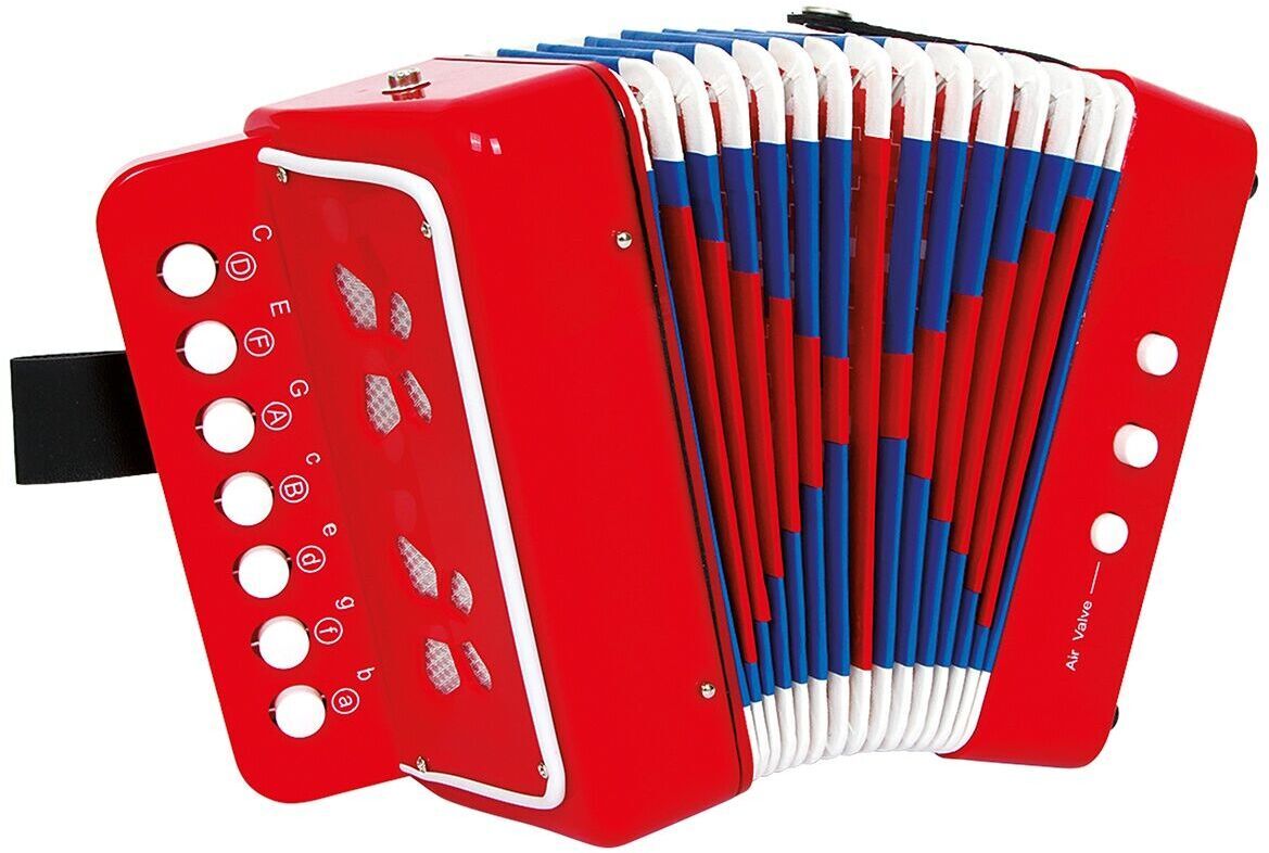 Rotes Kinderakkordeon mit blauen und weißen Faltenbälgen und schwarzen Tasten.