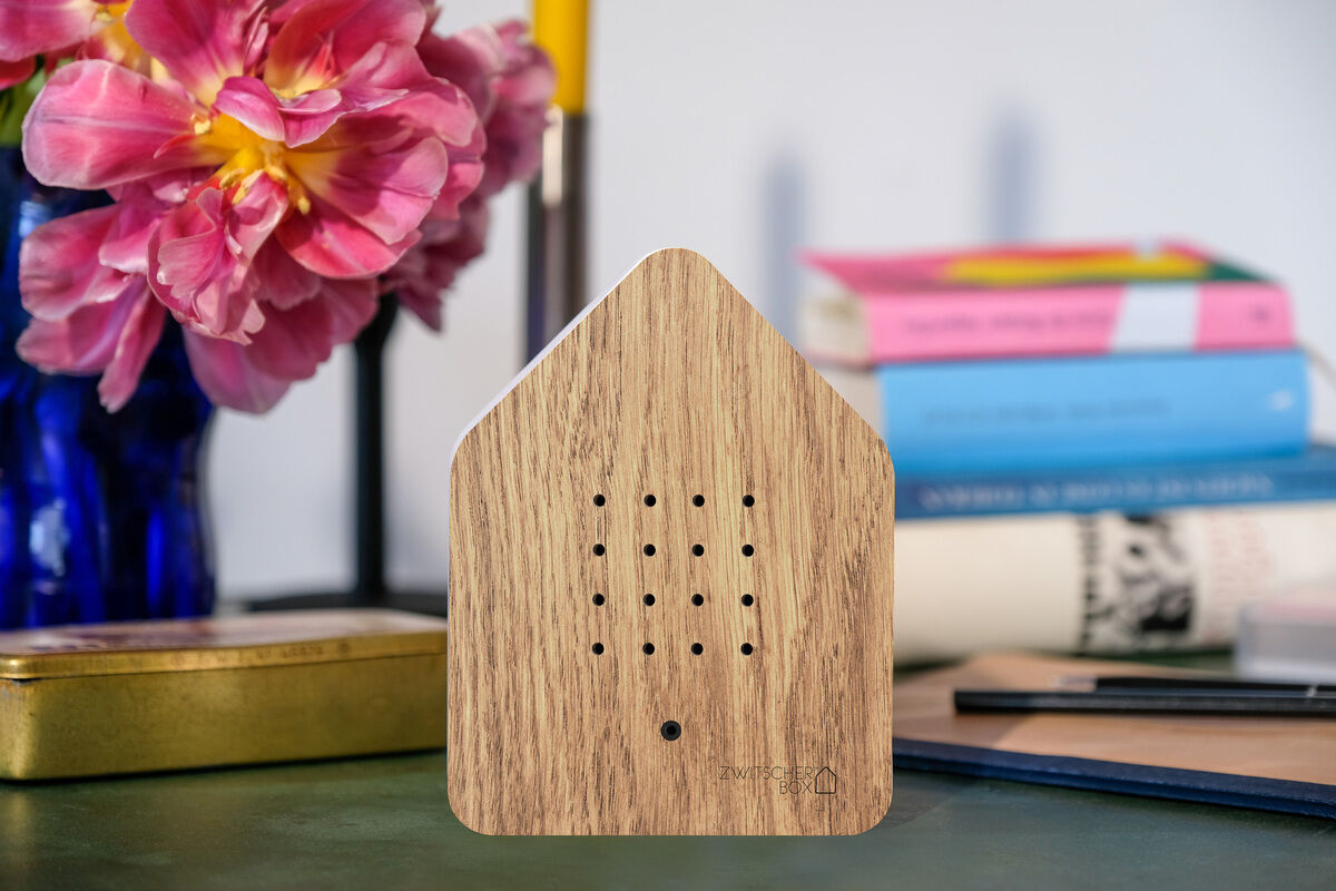 Eine Zwitscherbox in Holzoptik steht auf einem Schreibtisch. Im Hintergrund sind Blumen in einer Vase, einige Bücher und Büroutensilien zu sehen. Die Box hat ein minimalistisches und elegantes Design mit kleinen Löchern auf der Vorderseite.