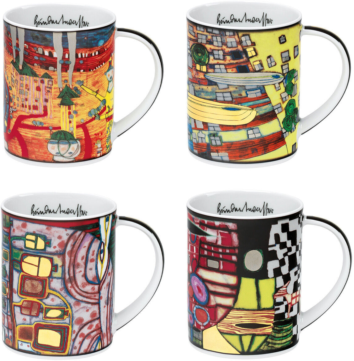 Vier bunt gestaltete Tassen im 2021er Magic Mugs Set nach Hundertwasser, jede Tasse mit unterschiedlichen, kunstvollen Motiven und Signatur oben, bestehend aus Keramik.