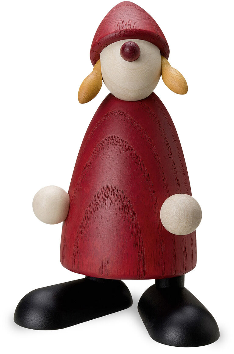 Holzfigur einer stehenden Weihnachtsfrau mit rotem Mantel und Mütze sowie schwarzen Stiefeln, in schlichter und moderner Gestaltung, geeignet als festliche Dekoration für die Weihnachtszeit. Das Gesicht hat weder Augen noch Mund.