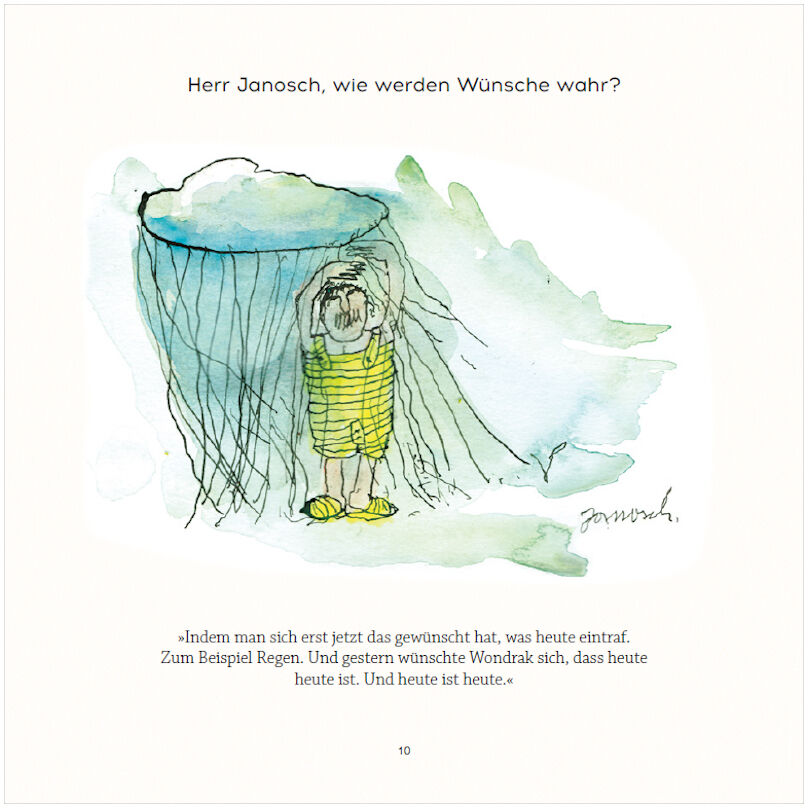 Illustration aus dem Buch »Herr Janosch, wie feiert man sich selbst?«. Ein Kind steht in einem gelben gestreiften Anzug unter einem Vorhang aus Regen mit einer strahlend grünen Landschaft im Hintergrund.