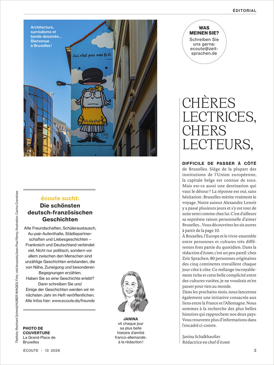 Editorialseite des Écoute Magazins: oben links Foto einer Hauswand mit großem Wandbild einer Frau mit Hut; daneben französische Bildlegende. Rechts stehen Sprechblase und Überschrift „Chères lectrices, chers lecteurs,“ mit Fließtext. Unten links Hinweis zur deutsch-französischen Freundschaft, unten Porträtzeichnung der Chefredakteurin.