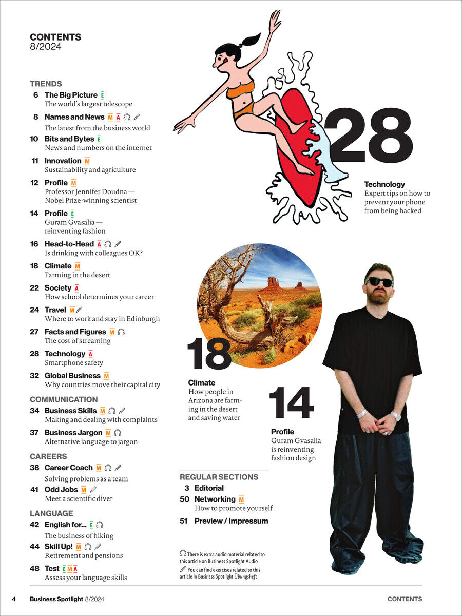Das Bild zeigt das Inhaltsverzeichnis der Ausgabe 08/2024 des Business Spotlight Magazins. Es enthält eine Übersicht der Artikel und Kategorien, wie Trends, Finanzen, Innovation, Sprache und Technologie. Ein Mann in schwarzer Kleidung und Sonnenbrille steht auf der rechten Seite. Ein Comic-Surfer auf den Wellen ist auf der linken Seite des Bildes zu sehen.