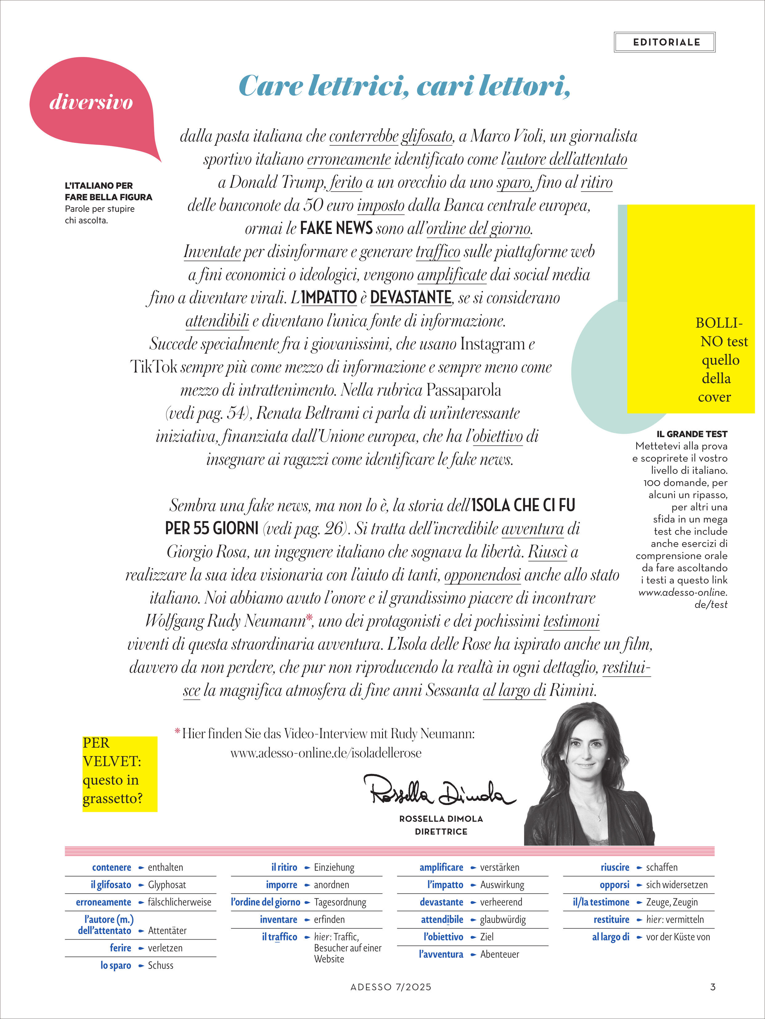 Cover des Adesso Magazins 7/2025 mit dem Titel editorial und verschiedenen Texten und Grafiken. Fokus auf Journalismus, Kultur und Bildung mit prominenter Platzierung von blauen und gelben Elementen. Es enthält ein Bild einer unbekannten Person.