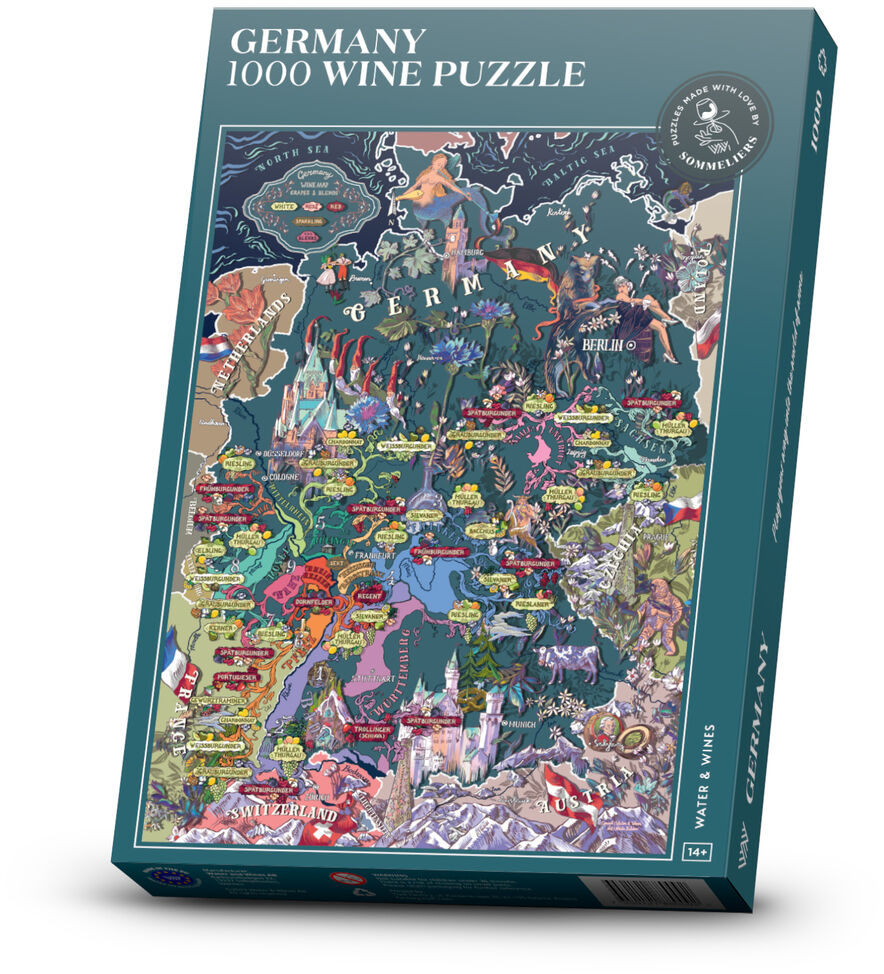 Ein Puzzle, das eine stilisierte Karte Deutschlands mit Weinbaugebieten und verschiedenen ikonischen Darstellungen von Landschaften und Städten zeigt, in einer Schachtel mit grünem und blauem Design.