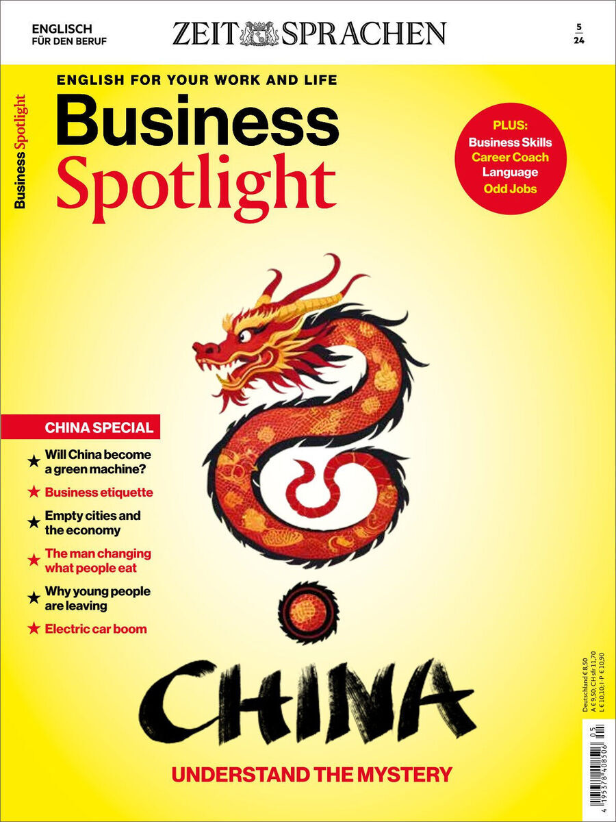 Titelbild des Business Spotlight Magazins 05/2024 mit einem gelben Hintergrund, einem roten Drachen in der Mitte und dem Thema 'China'.