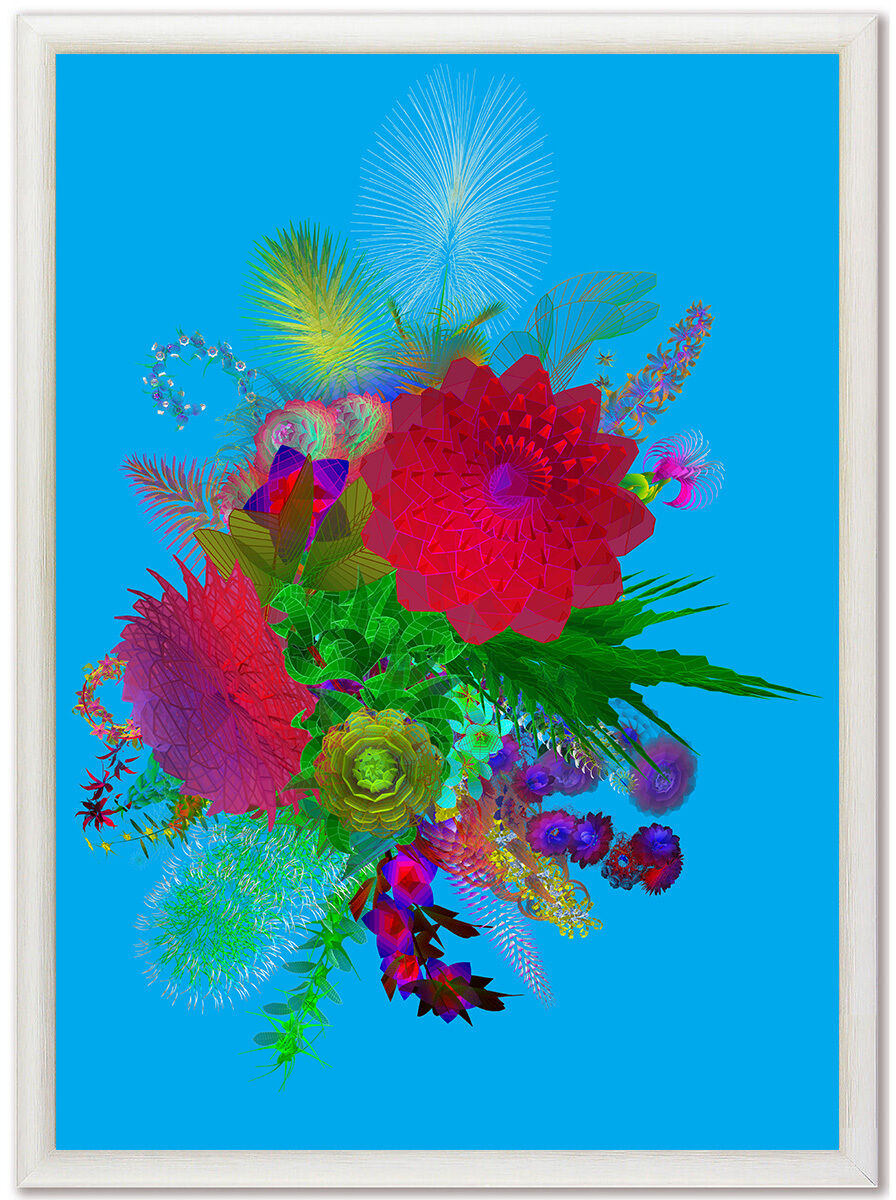 Ein lebhaftes Kunstwerk von Miguel Chevalier aus der ZEIT Sonderedition 'Extra-Natural', das eine bunte Mischung aus digitalen Blumen auf einem blauen Hintergrund zeigt.