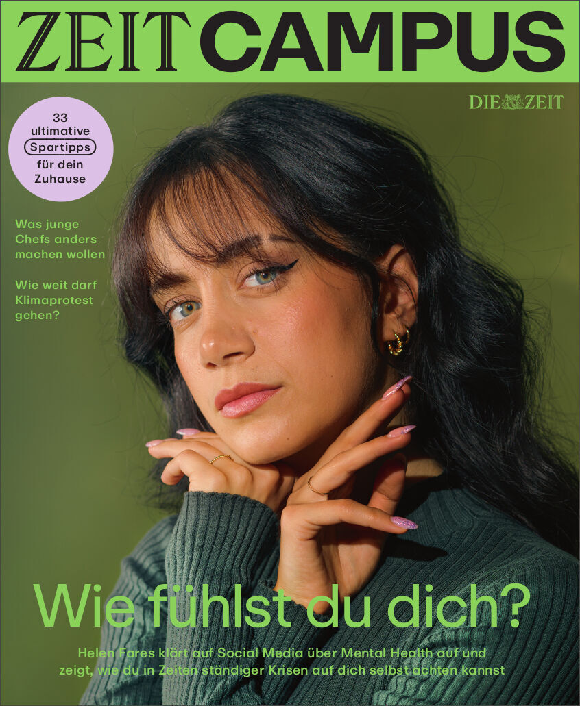 Magazin ZEIT CAMPUS Ausgabe 1/23 mit der Frage 'Wie fühlst du dich?' auf grünem Hintergrund. Eine junge Frau mit dunklen Haaren blickt nachdenklich in die Kamera. In der oberen linken Ecke befinden sich Textkästen mit weiteren Themen. Der Titel ist in Schwarz auf einem grünen Balken dargestellt.