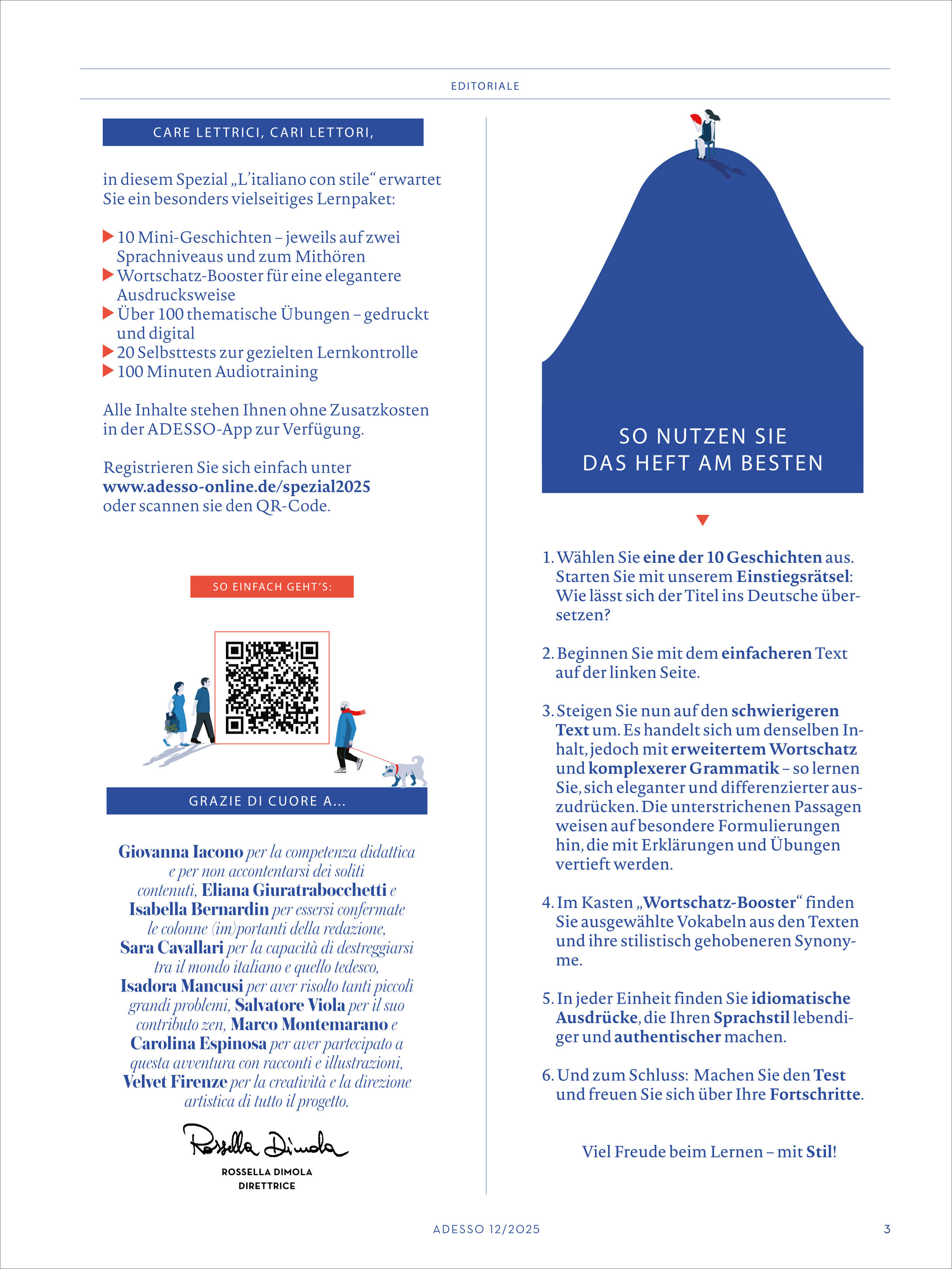 Die Titelseite des Adesso Magazins 12/2025 Sonderausgabe zeigt eine strukturierte Doppelseite mit einem Editorial, Informationen zum Umgang mit dem Heft, einem QR-Code und farblichen Akzenten in Blau und Rot auf weißem Hintergrund. Das Magazin richtet sich an deutschsprachige Leser, die Italienisch lernen möchten.