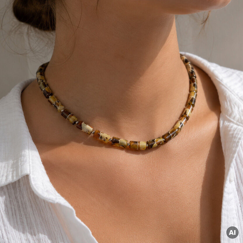 Kurzes Collier »Jantara« von Ars mundi aus verschiedenfarbigem Bernstein in goldbraunen, braunen und cremeweißen Nuancen, individuell geformt, an einem Hals getragen. Die Trägerin trägt eine weiße Bluse, das Collier wirkt edel und zeitlos.