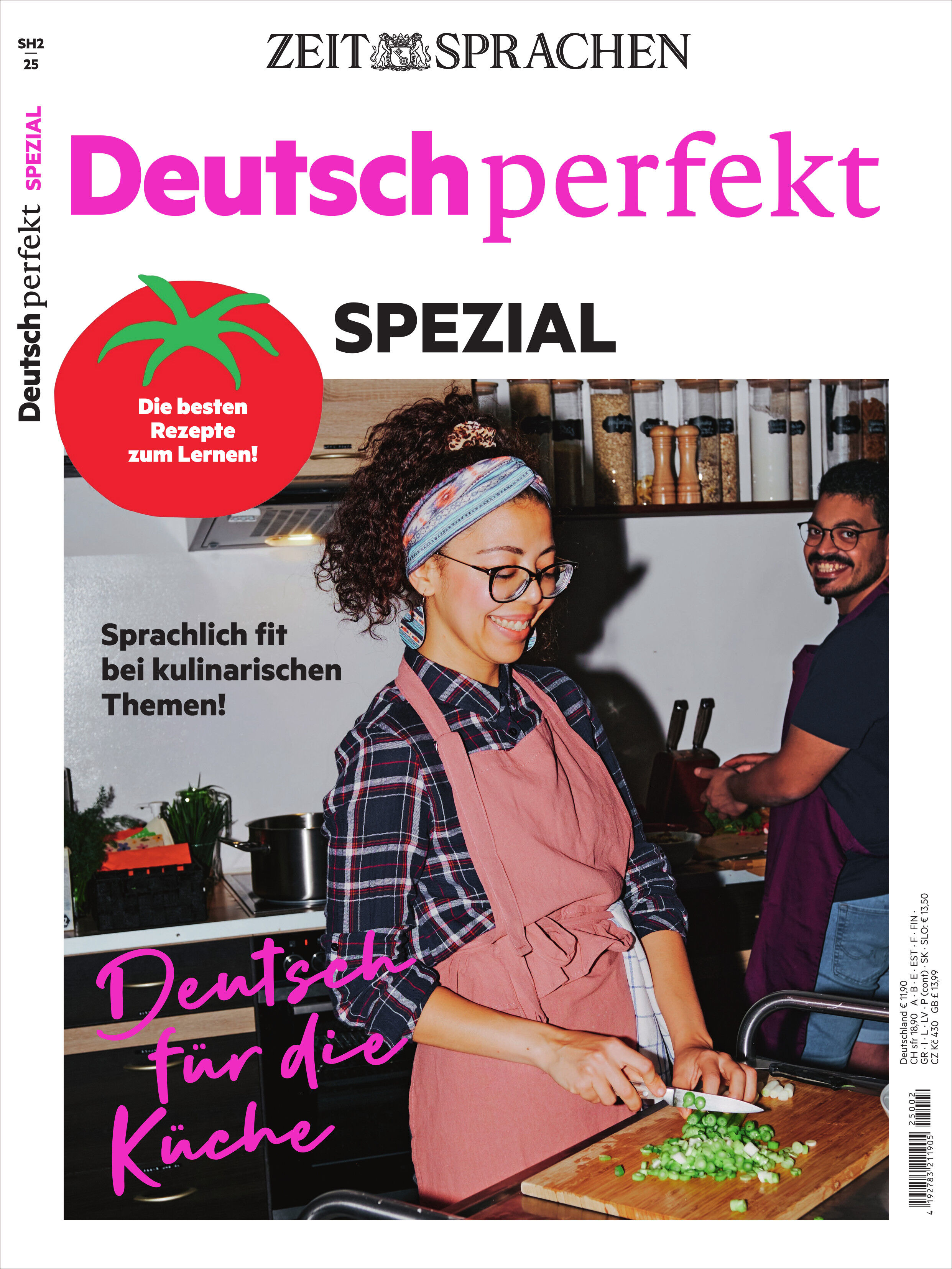 Titelbild der Zeitschrift 'Deutsch perfekt Sonderausgabe 12/2025', auf dem zwei Personen gemeinsam in einer modernen Küche Gemüse schneiden und lachen. Im Vordergrund steht der kulinarische und sprachliche Lernaspekt, der besonders für Erwachsene und Sprachschüler interessant ist. Die Gestaltung ist freundlich mit roten, grünen und weißen Akzenten sowie einer lesbaren, modernen Typografie.
