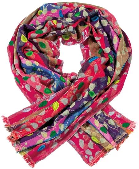 Bunter Wollschal mit abstraktem Blättermuster in verschiedenen Farben, locker drapiert mit Fransen an den Enden. Das modische Accessoire eignet sich ideal für Herbst- und Winteroutfits.