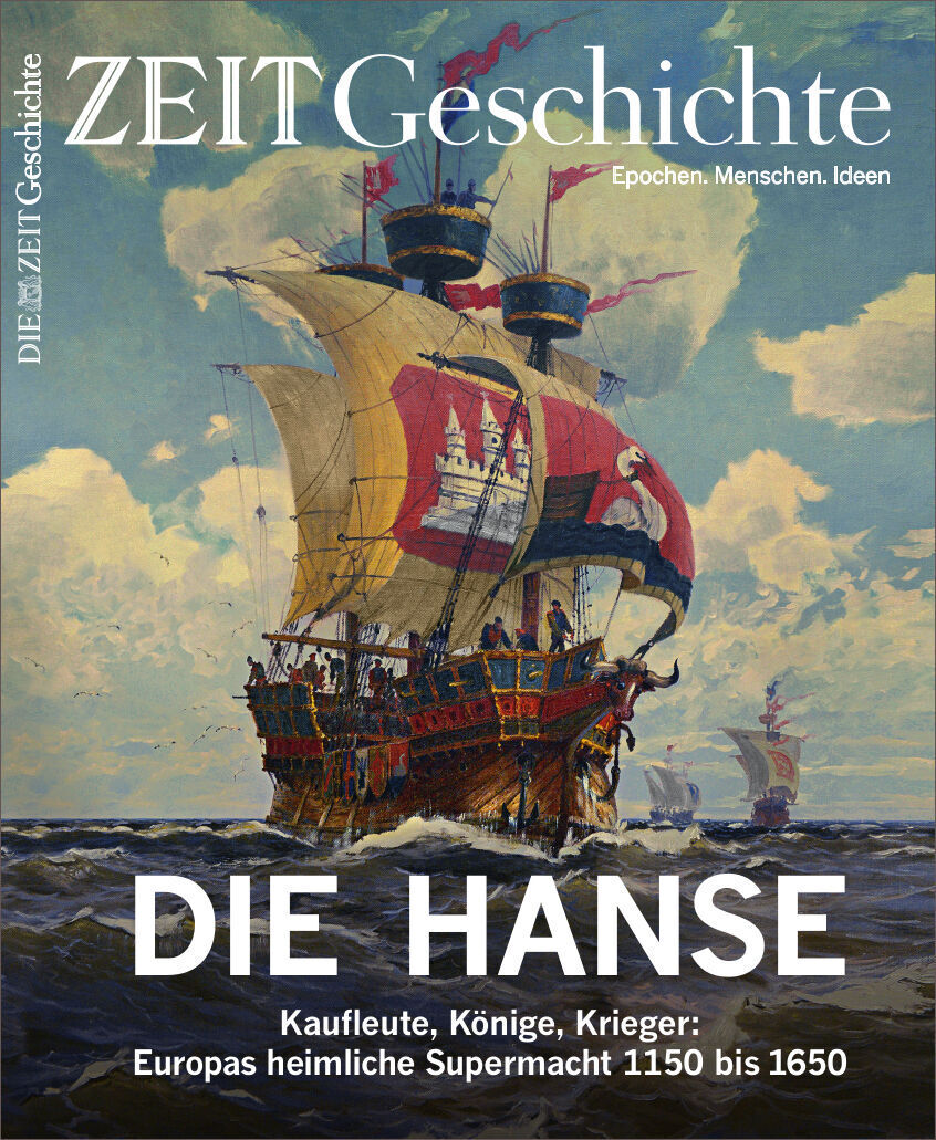 Cover des Magazins ZEIT Geschichte Ausgabe 3/21 mit dem Titel 'Die Hanse'. Abgebildet ist ein historische Szene mit einem Segelschiff auf hoher See unter einem teils bewölkten blauen Himmel. Der Fokus liegt auf einem großen, detaillierten Segelschiff mit mehreren Masten und Segeln, das eine mittelalterliche Handelsgesellschaft repräsentiert.