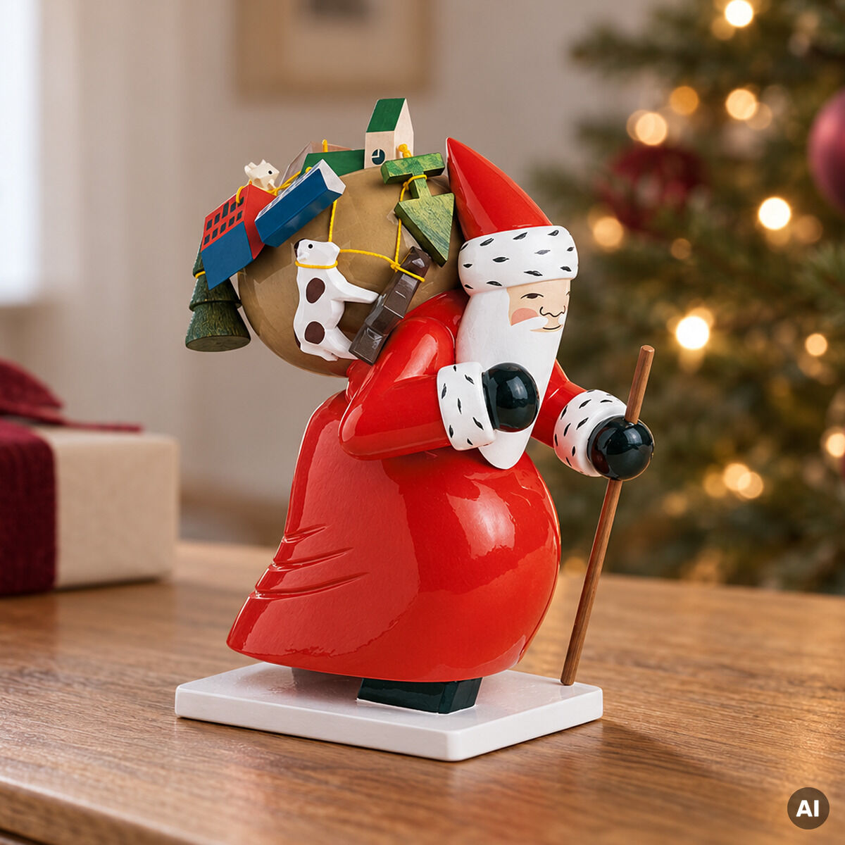 Die Holz-Figur »Großer Weihnachtsmann mit Spielzeug« von Wendt & Kühn steht auf einer Holzplatte. Die Figur im roten Mantel trägt einen Geschenkesack mit Spielzeug, darunter ein Haus und ein Pferdchen. Im Hintergrund: Weihnachtsbaum mit Kugeln, Geschenk und Tannenzweige.