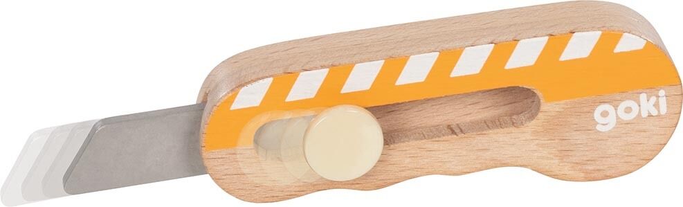 Holzspielzeug-Werkzeug-Set mit einem handlichen Werkzeugmesser in Holz- und Gelbtönen, perfekt für Kinder.