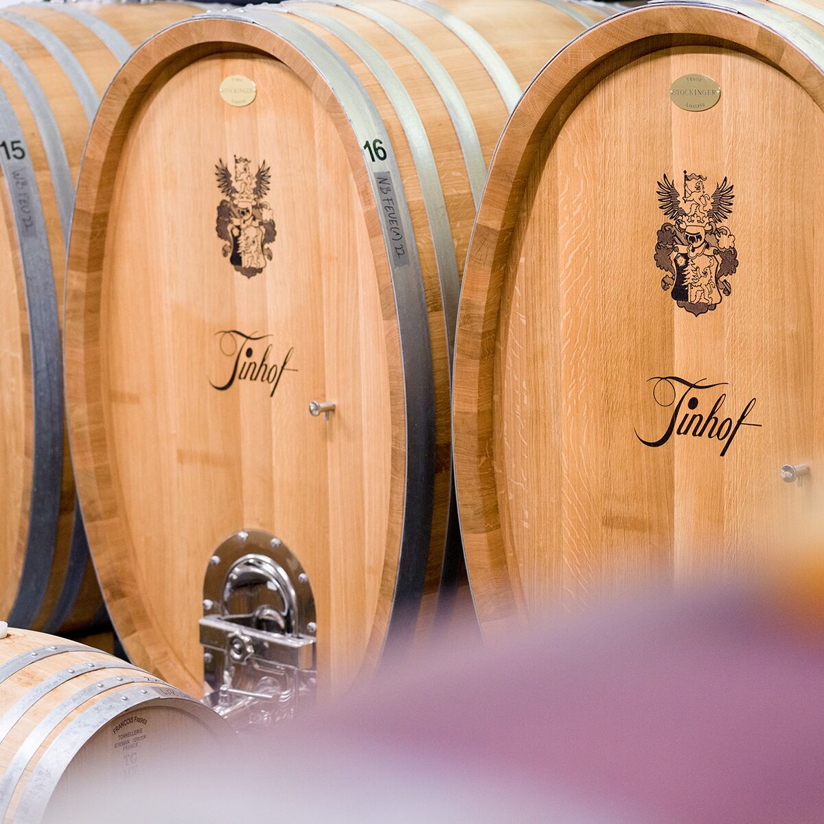 Ein helles Kellergewölbe mit mehreren großen, hellbraunen Holz-Weinfässern. Auf den Fässern sind das Emblem und der Schriftzug 'Tinhof' sichtbar. Das Bild vermittelt eine hochwertige und traditionsreiche Atmosphäre eines Weinguts in Österreich.