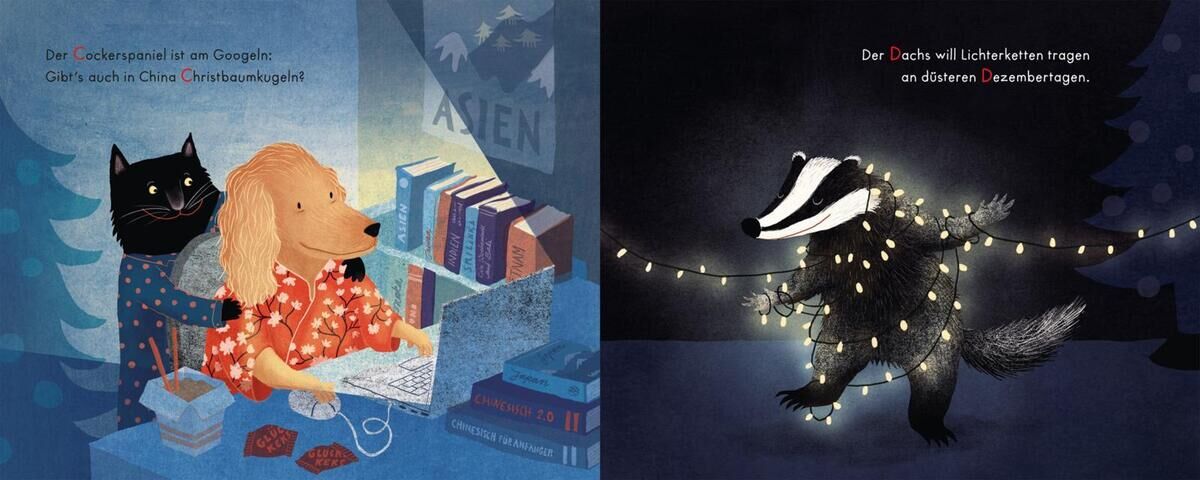 Eine Illustration aus einem Kinderbuch zeigt einen Hund mit Kopfhörern und weihnachtlichem Schlafanzug, der am Computer sitzt, daneben ein Fuchs mit einem schwarzen Kater. Auf der anderen Buchseite ist ein Dachs abgebildet, der mit Lichterketten dekoriert ist. Im Hintergrund sind ein Bücherregal und Winterdekorationen erkennbar.
