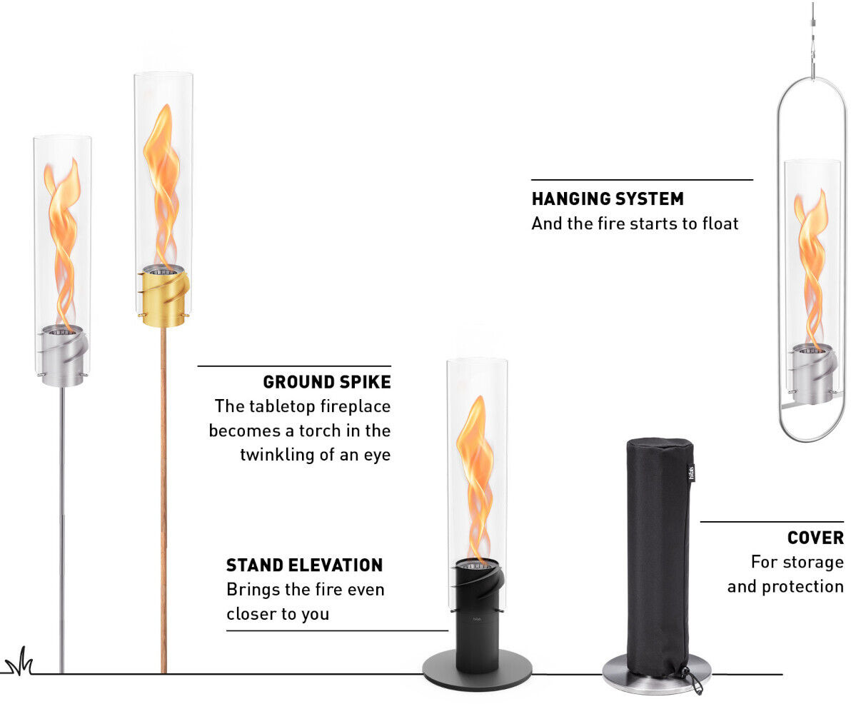 Das Bild zeigt das SPIN Hängesystem, bestehend aus einem feuerbetriebenen Element in einem transparenten Behälter. Weitere Bestandteile sind eine Bodenstange, ein Standfuß und eine Abdeckung. Das System kann an verschiedenen Standorten eingesetzt werden, darunter im Garten, auf der Terrasse oder im Innenraum.