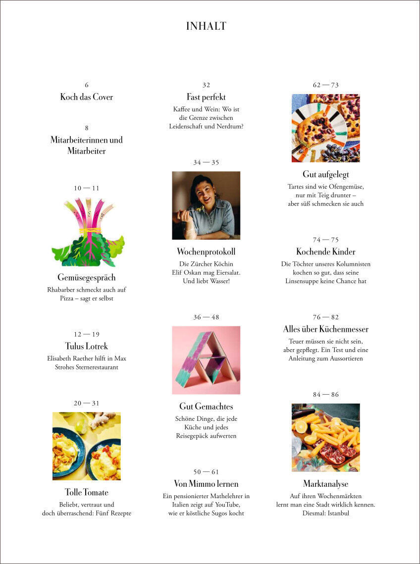 Das Bild zeigt das Inhaltsverzeichnis des ZEITmagazins WOCHENMARKT Ausgabe 4/23. Es enthält mehrere Abschnittsüberschriften, illustriert mit passenden Bildern zu den Themen Kochen, Rezepte und Lebensmittel.