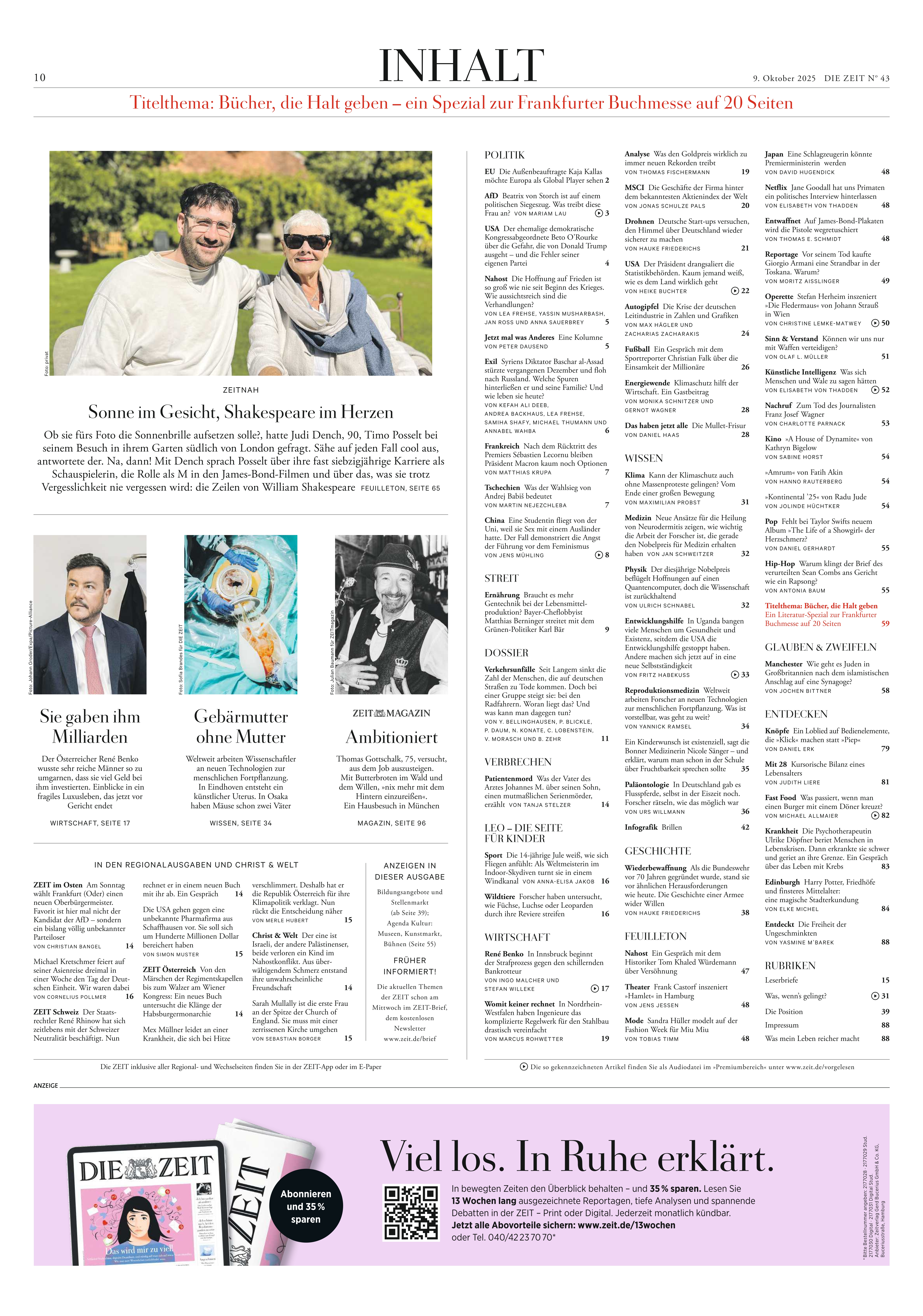 Eine Zeitungsseite der Ausgabe DIE ZEIT 43/2025 mit Inhaltsverzeichnis, Textspalten, Überschriften und einem Foto eines entspannten Paares im Freien. Die Seite zeigt verschiedene Rubriken zu Literatur, Kultur und aktuellen Themen. Das Layout ist klar und lesefreundlich gestaltet.