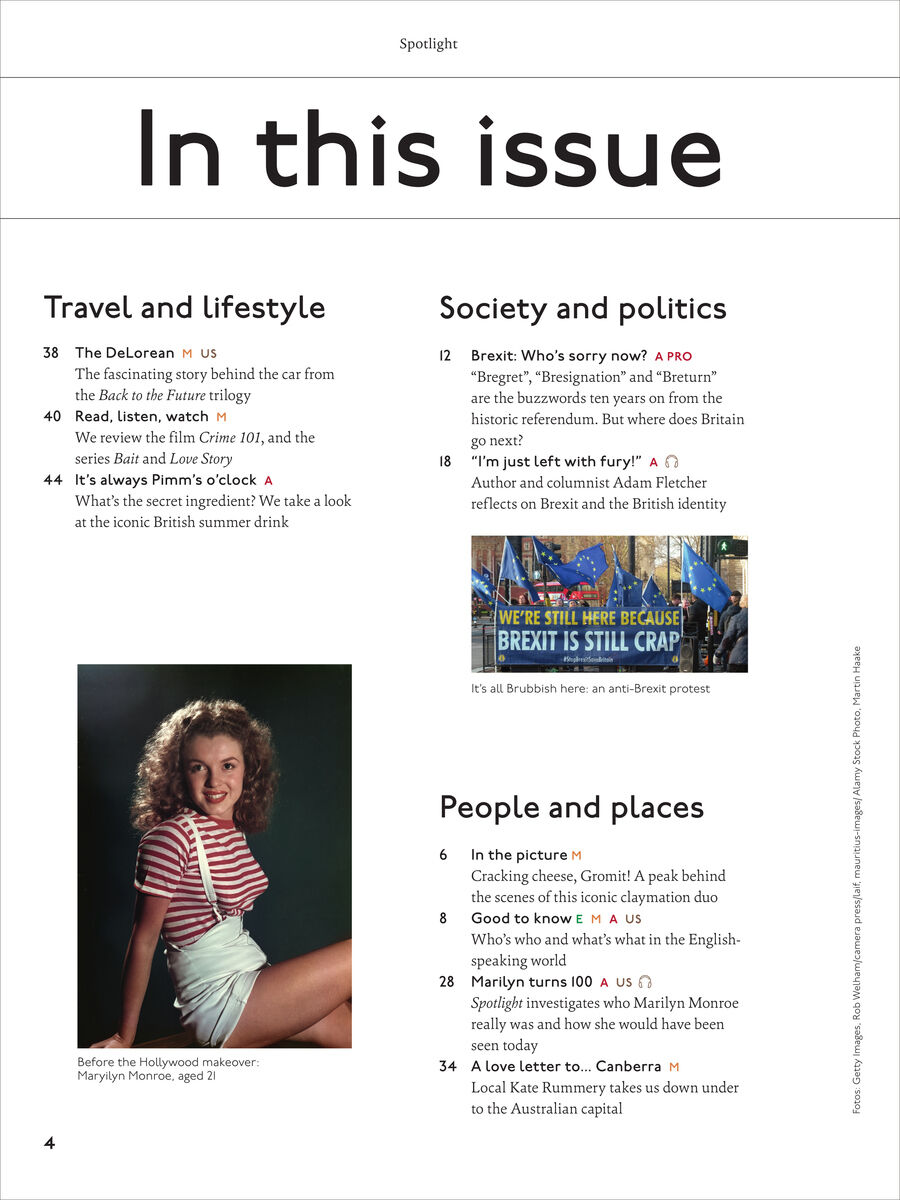 Detailliertes Inhaltsverzeichnis einer Magazinseite von Spotlight Magazin 7/2026: Themenübersicht in den Bereichen Travel and lifestyle, Society and politics sowie People and places. Enthält ein Porträtfoto einer Frau im Retro-Outfit und ein Bild zur Brexit-Thematik.