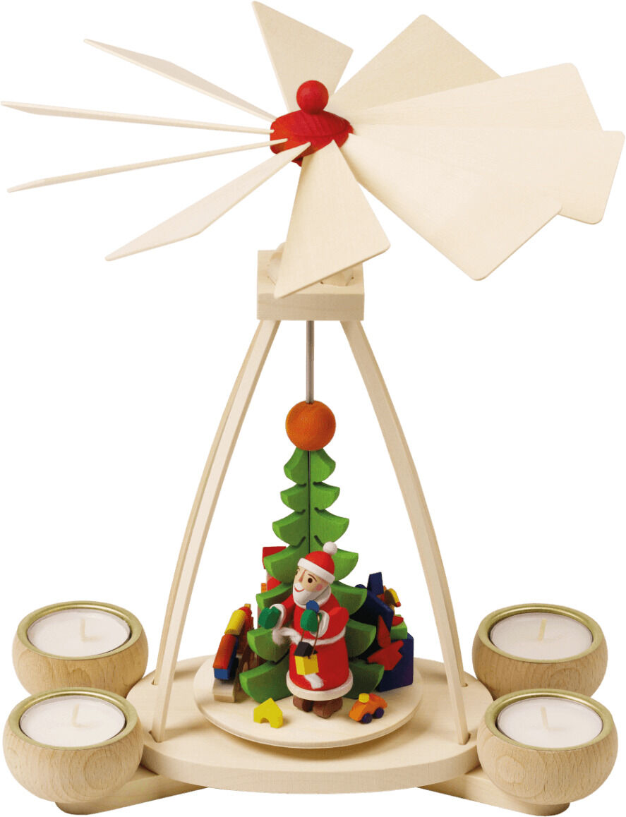 Teelichtpyramide aus Holz mit einem Weihnachtsmann, der neben einem Weihnachtsbaum steht. Vier Teelichthalter sind auf der Basis verteilt. Über dem Weihnachtsmann befindet sich ein sich drehendes Windspiel, das von den Wärmeeffekten der Kerzen angetrieben wird.