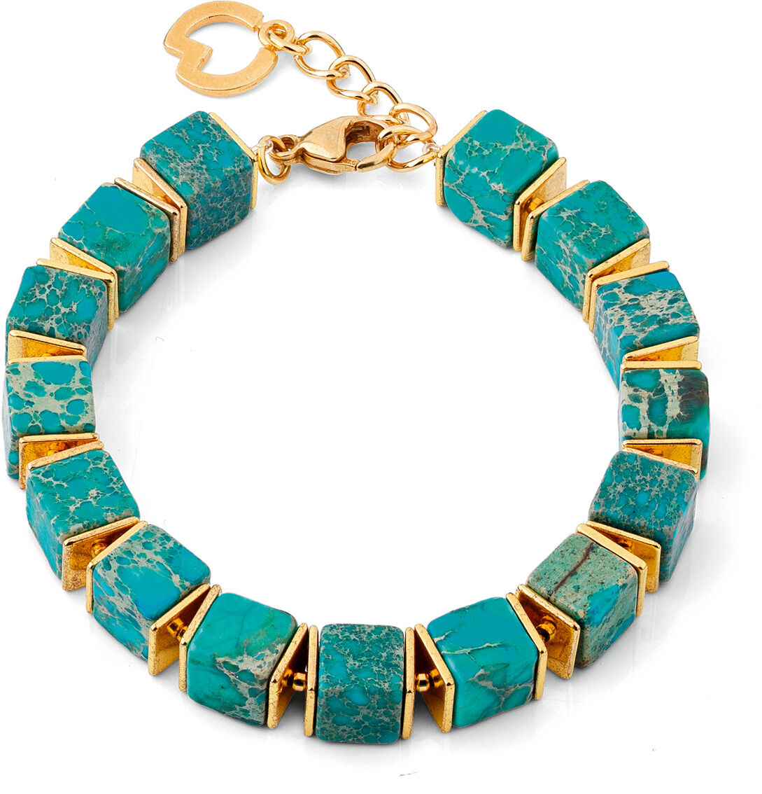 Das Schmuckset 'Blue Sky' von Petra Waszak besteht aus türkisfarbenen und goldenen Elementen. Es umfasst Armband, Halskette und Ohrringe, alle mit auffälligen rechteckigen Türkis- und Golddetails.