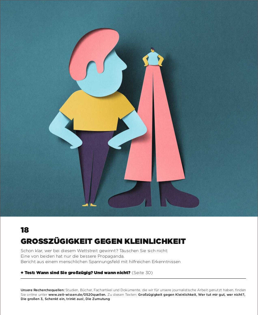 Eine Illustration auf dem Cover der ZEIT WISSEN 5/20 zeigt zwei stilisierte Figuren aus Papier in kräftigen Farben. Links befindet sich eine Figur in Blau mit einem rosa Kopf und rechts eine größere, schlankere Figur in Rot und Gelb. Der Text darunter lautet: 'Großzügigkeit gegen Kleinlichkeit'. Die untere Hälfte des Bildes ist weiß mit weiterem Text und Details.