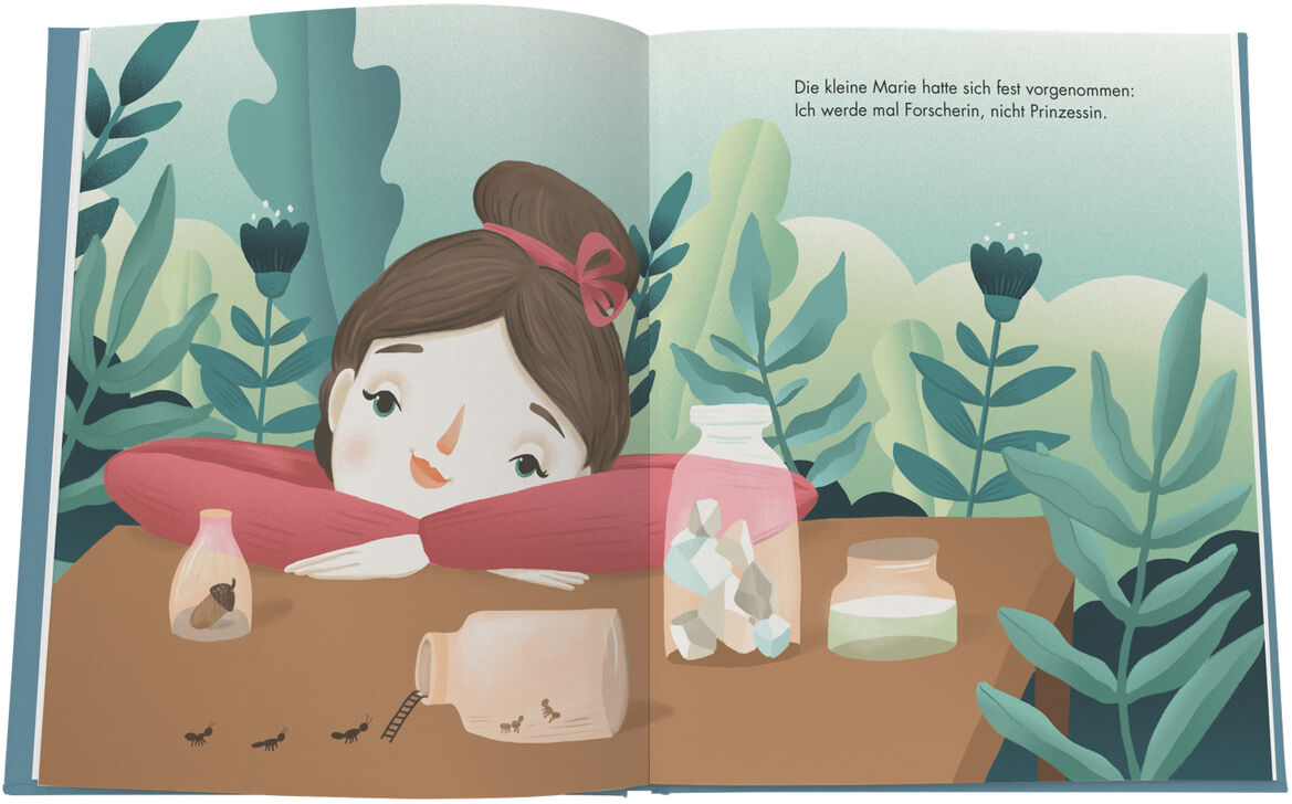 Illustration aus dem Kinderbuch »Little People, Big Dreams« der ZEIT-Edition zeigt Mädchen mit braunen Haaren, das auf einem Tisch inmitten von Pflanzen und Gläsern mit Insekten ruht. Der Hintergrund ist grün mit Blättern und Zweigen.