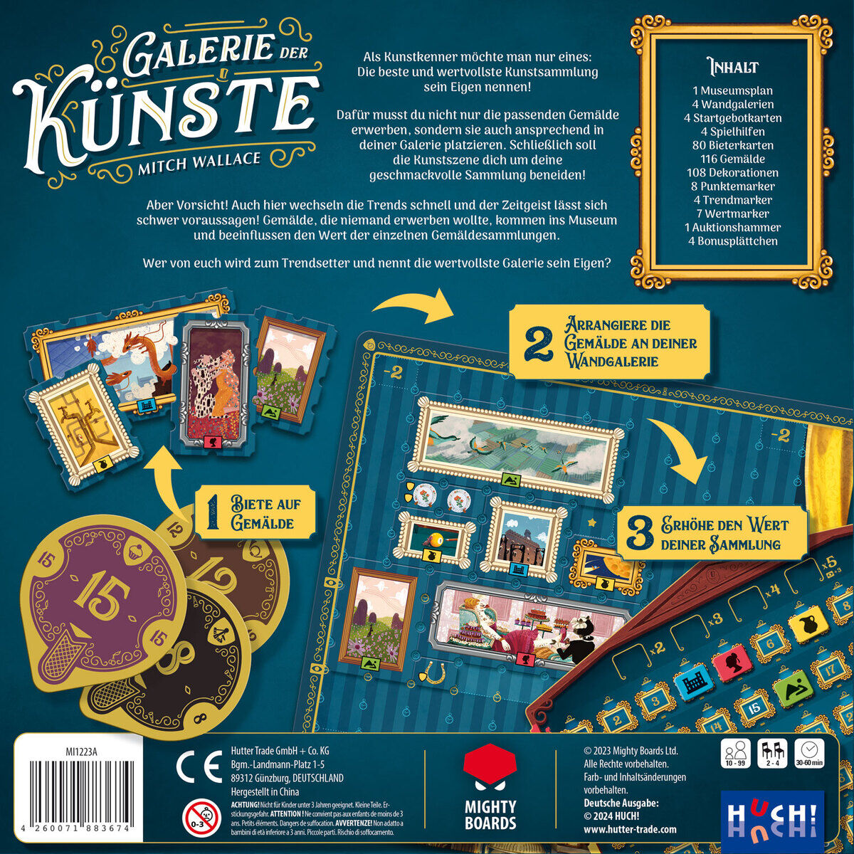 Das Bild zeigt die Verpackung des Spiels 'Galerie der Künste', ein Gesellschaftsspiel mit Kunstsalon-Thema. Auf der Rückseite sind stilisierte Illustrationen von Gemälden und ein Spielbrett abgebildet, umrahmt von beschreibendem Text.
