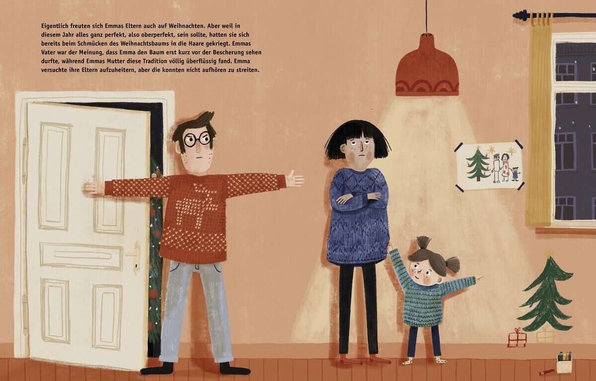 Illustration aus dem Buch 'Die gestohlene Weihnachtsgans', die eine Familie in einem Wohnzimmer zeigt. Ein Mann mit Brille und Pullover steht links von einer Frau mit verschränkten Armen und einem traurigen Ausdruck. Ein kleines Mädchen rechts, das aufgeregt auf etwas zeigt. Die Szene ist weihnachtlich dekoriert und zeigt eine heimelige Winteratmosphäre.