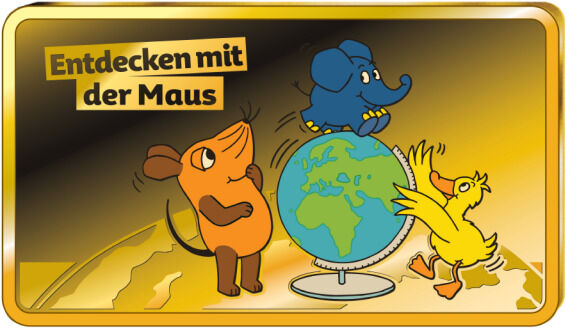 Goldener Barren mit den Figuren der TV-Serie 'Die Maus': die Maus, der Elefant und die Ente stehen um eine Weltkugel, umgeben von einer goldenen Aura. Oben links ist der Schriftzug 'Entdecken mit der Maus'.