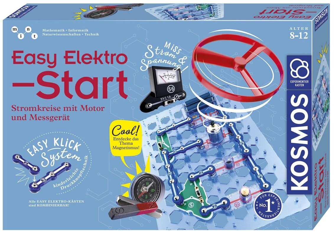 Die Verpackung des Produktes 'Easy Elektro - Start' von Kosmos zeigt einen Experimentierkasten für Kinder im Alter von 8 bis 12 Jahren. Das Set umfasst Komponenten zum Erstellen von Stromkreisen, inklusive eines Motors und eines Messgerätes. Das Design ist in Blau, Rot, Weiß, Schwarz und Gelb gehalten. 'Easy Elektro - Start' ermöglicht jungen Technikbegeisterten, spielerisch und interaktiv grundlegende Konzepte der Elektronik zu erkunden.