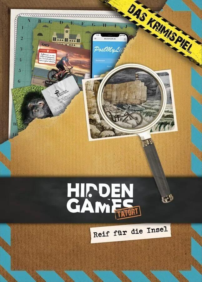 Spielausstattung des Hidden Games Tatort: Reif für die Insel. Enthält eine Lupe, Postkarten, ein Fahrradfoto und Spielmaterialien.