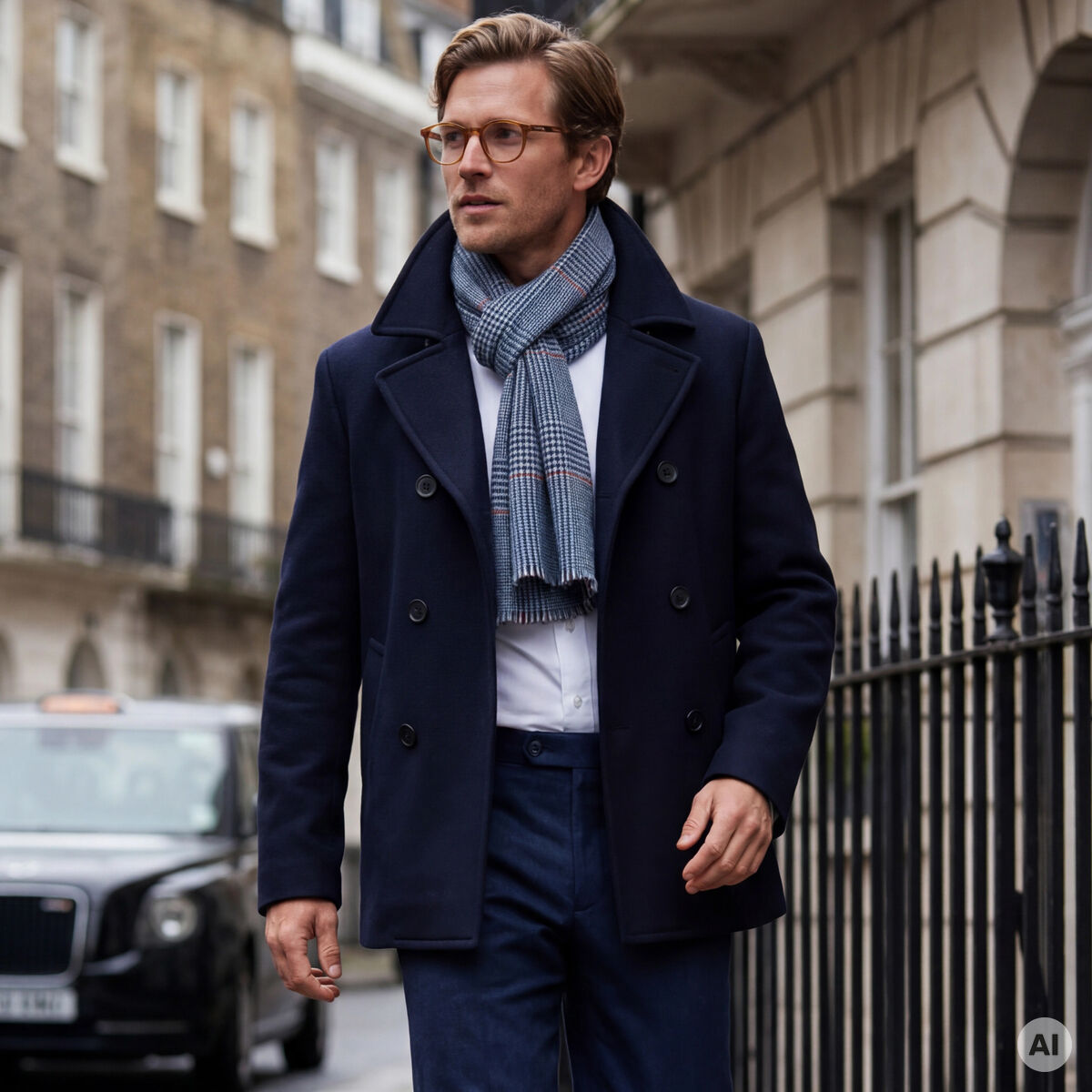 Ein stilvoll gekleideter Mann spaziert auf nasser Straße durch eine elegante Stadt. Er trägt einen dunkelblauen Mantel, einen blauen Glencheck-Merinoschal »Henry« von Eagle Products und dunkelblaue Hose. Die Straßenkulisse ist urban und luxuriös.