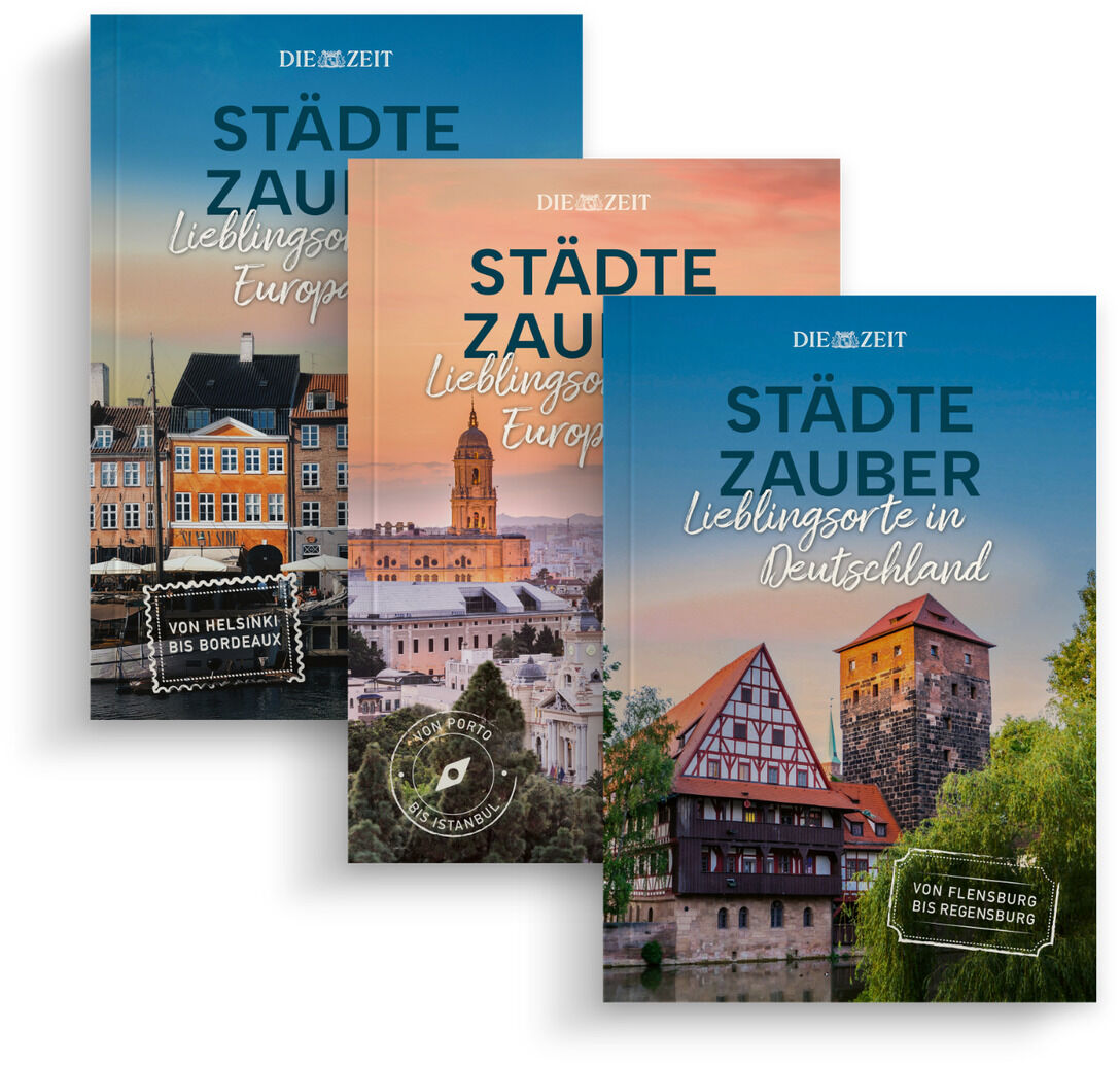 Drei Reisebücher der ZEIT-Edition mit dem Titel »Städtezauber« in verschiedenen europäischen und deutschen Städten. Jedes Cover zeigt ein Motiv mit charakteristischer Architektur der dargestellten Stadt.
