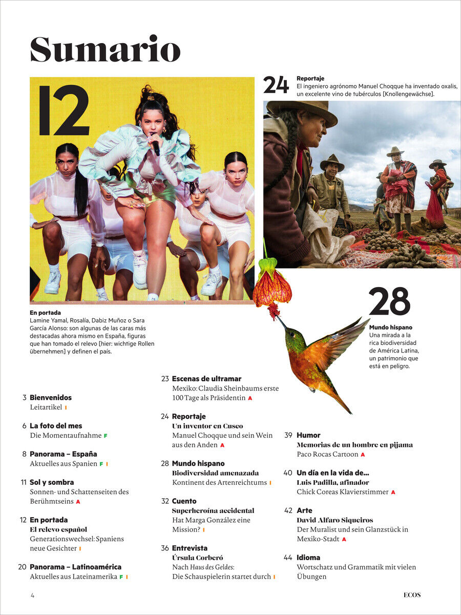 Titelseite eines Magazins mit dem Titel 'Ecos Magazin 3/2025'. Das Design enthält Bilder von Tänzern in lebendiger Kleidung, einem kleinen Vogel mit bunten Federn und einer Gruppe von Menschen in traditioneller Kleidung.