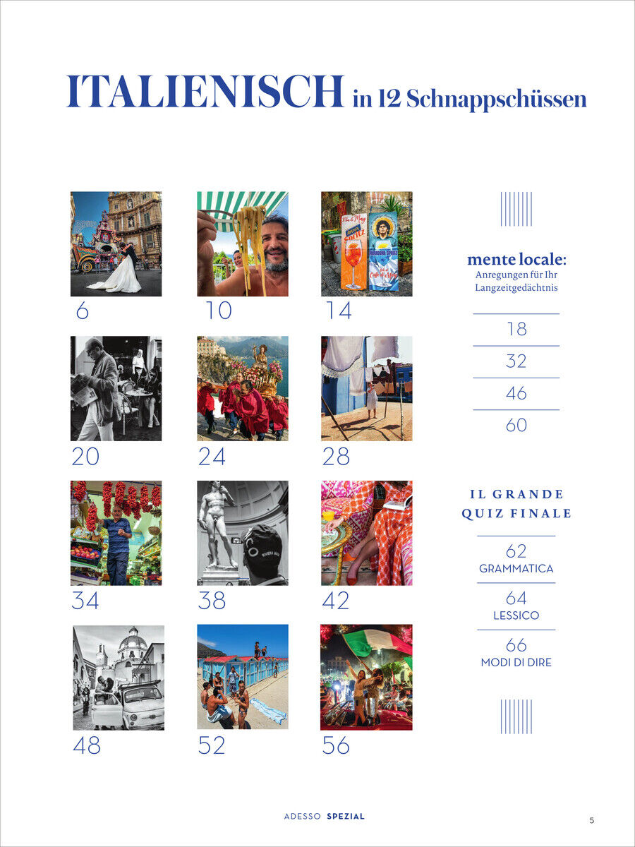 Titelbild von Adesso Magazin 12/2024 Sonderausgabe mit mehreren kleinen Fotografien zu italienischen Themen und einem großen Titel 'Italienisch in 12 Schnappschüssen'. Enthält helle und lebendige Farben sowie einen Schwerpunkt auf Kultur und Reisen.