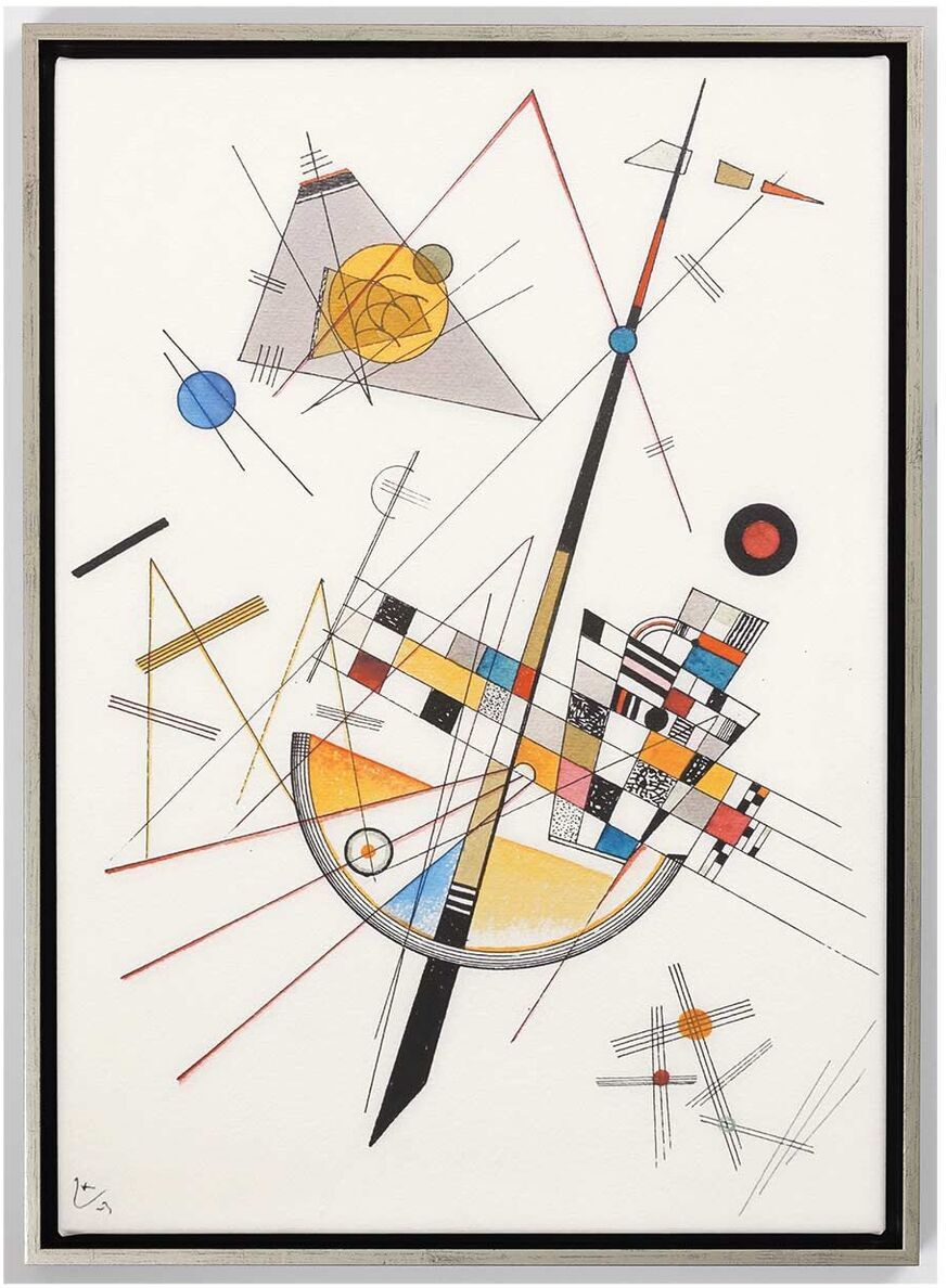 Ein abstraktes Kunstwerk von Wassily Kandinsky aus dem Jahr 1923, bekannt als »Delicate Tension«. Das Bild besteht aus einer Vielzahl geometrischer Formen wie Linien, Kreisen und Dreiecken in verschiedenen Farben, darunter Weiß, Schwarz, Gelb, Rot, Blau und Orange. Die Komposition wirkt dynamisch und komplex, typisch für den Bauhaus-Stil.