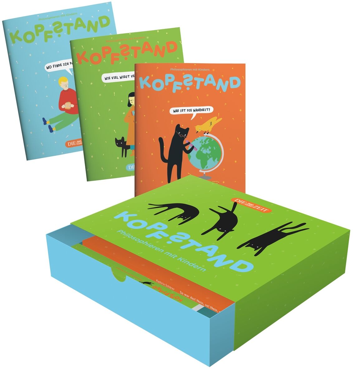 Farbenfrohe, stabile Schublade der ZEIT-Edition »Kopfstand – Philosophieren mit Kindern« mit Titelmotiv und drei illustrierten Mitmach-Heften zu den Themen Glück, Wahrheit und Verantwortung. Auf der Schublade schwarze Katzenfiguren und verspielte Gestaltung.