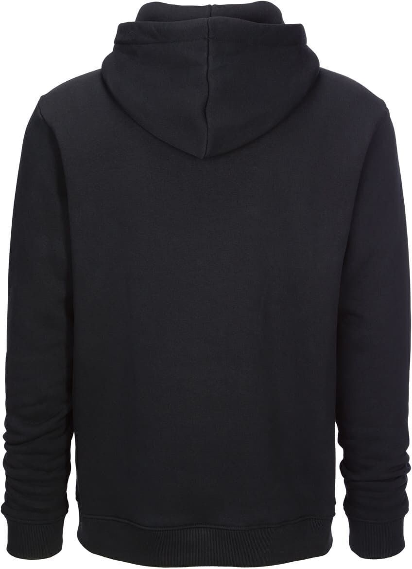 Ein schwarzer ZEIT-Kollektion: »Verbrechen« Hoodie, der von hinten gezeigt wird, mit Kapuze und langen Ärmeln.