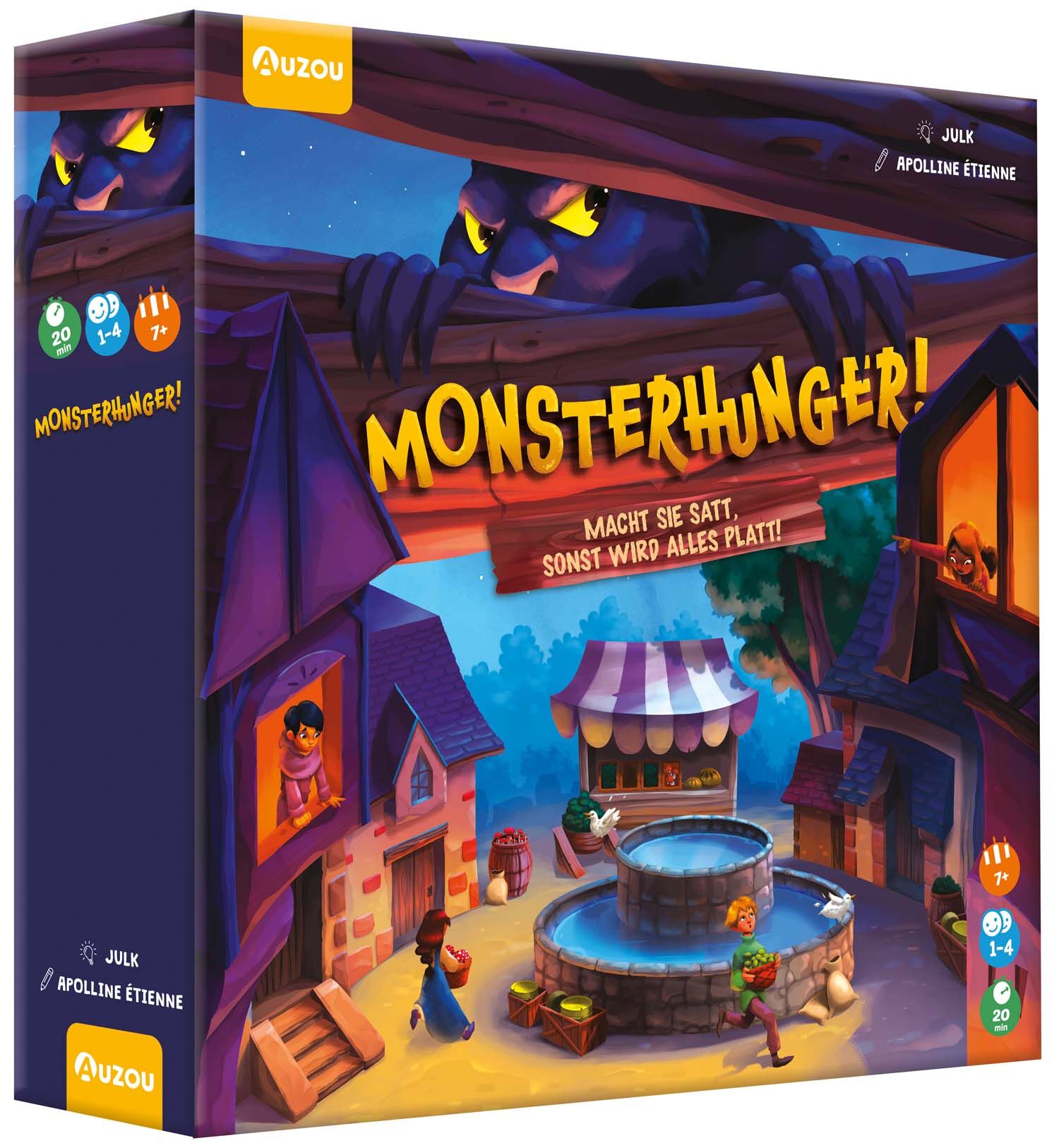 Verpackung des Brettspiels »Monsterhunger!« mit bunter, verspielter Illustration: Im Vordergrund eine mittelalterliche Stadtszene mit mehreren Kindern, im Hintergrund lauert ein großes lila Monster hinter einem Holzbalken. Die Box enthält Logos für Alters- und Spieleranzahl-Empfehlungen und den Spieletitel in auffälligen Buchstaben.