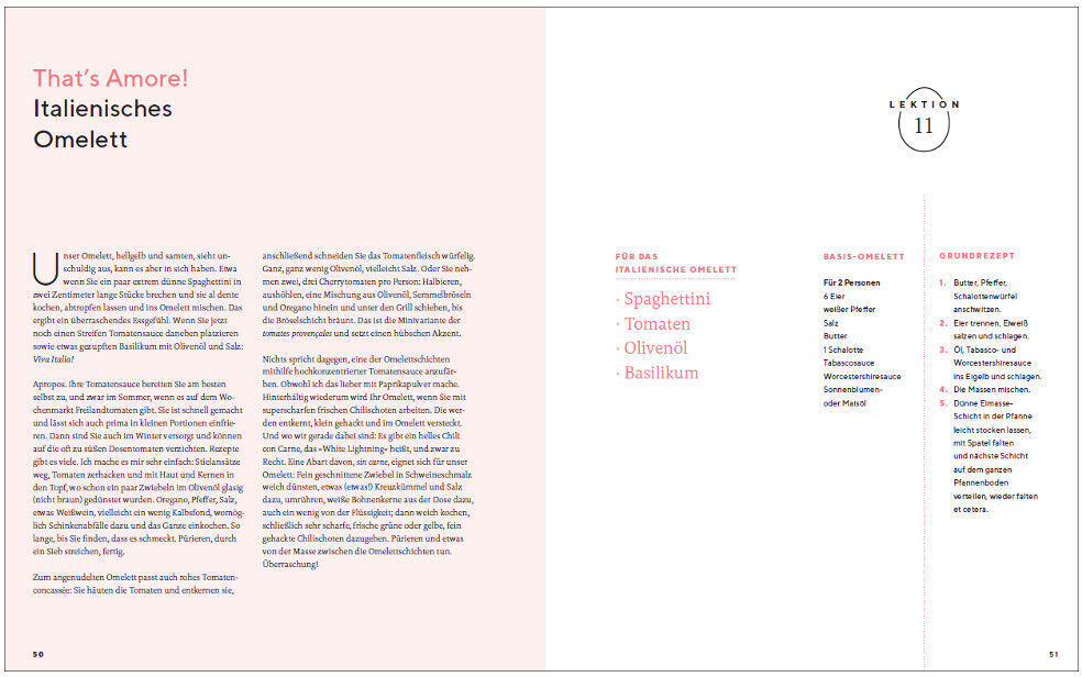 Eine geöffnete Seite des Buches 'Die Omelettschule' mit dem Titel 'That's Amore! Italienisches Omelett'. Links befindet sich ein Textblock auf weißem Hintergrund, rechts eine Liste der Zutaten. Der Hintergrund der Seite ist überwiegend weiß mit schwarzem und rotem Text.