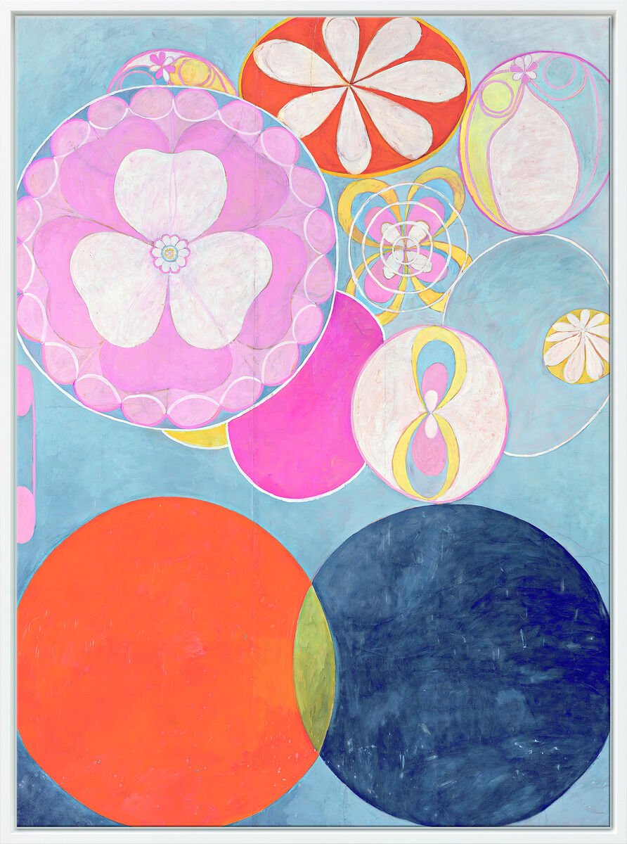 Abstraktes Gemälde von Hilma af Klint aus dem Jahr 1907, mit dominierenden Kreisen und Blumenmustern in Blau-, Rosa- und Orangetönen.