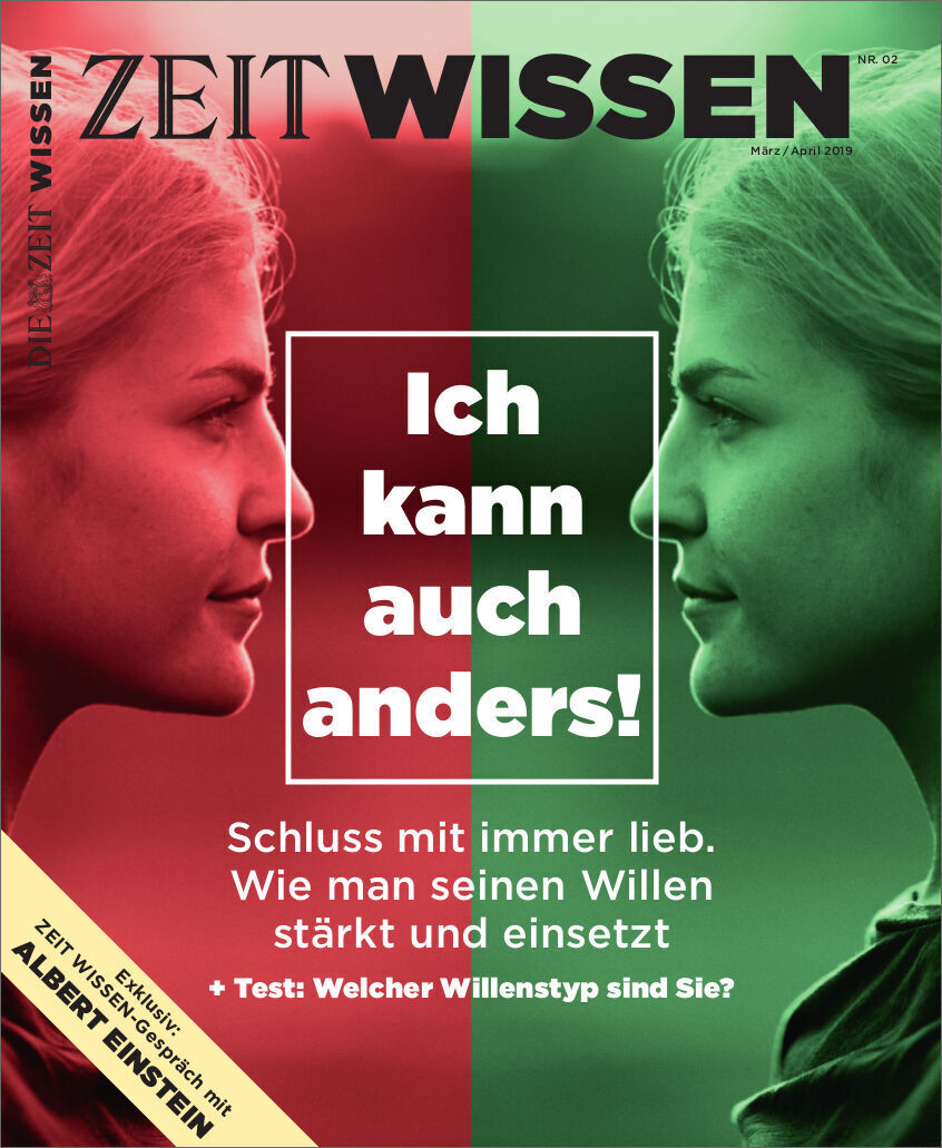 Titelbild des Magazins ZEIT WISSEN 2/19 mit dem Titel 'Ich kann auch anders!'. Die linke Seite des Covers ist rot mit einem Profilbild einer Frau und die rechte Seite ist grün mit dem Profilbild derselben Frau. Der Text erläutert, wie man seinen Willen stärkt und einsetzt, und umfasst auch einen Test zur Bestimmung des Willenstyps. Albert Einstein wird als Inspirationsquelle erwähnt.